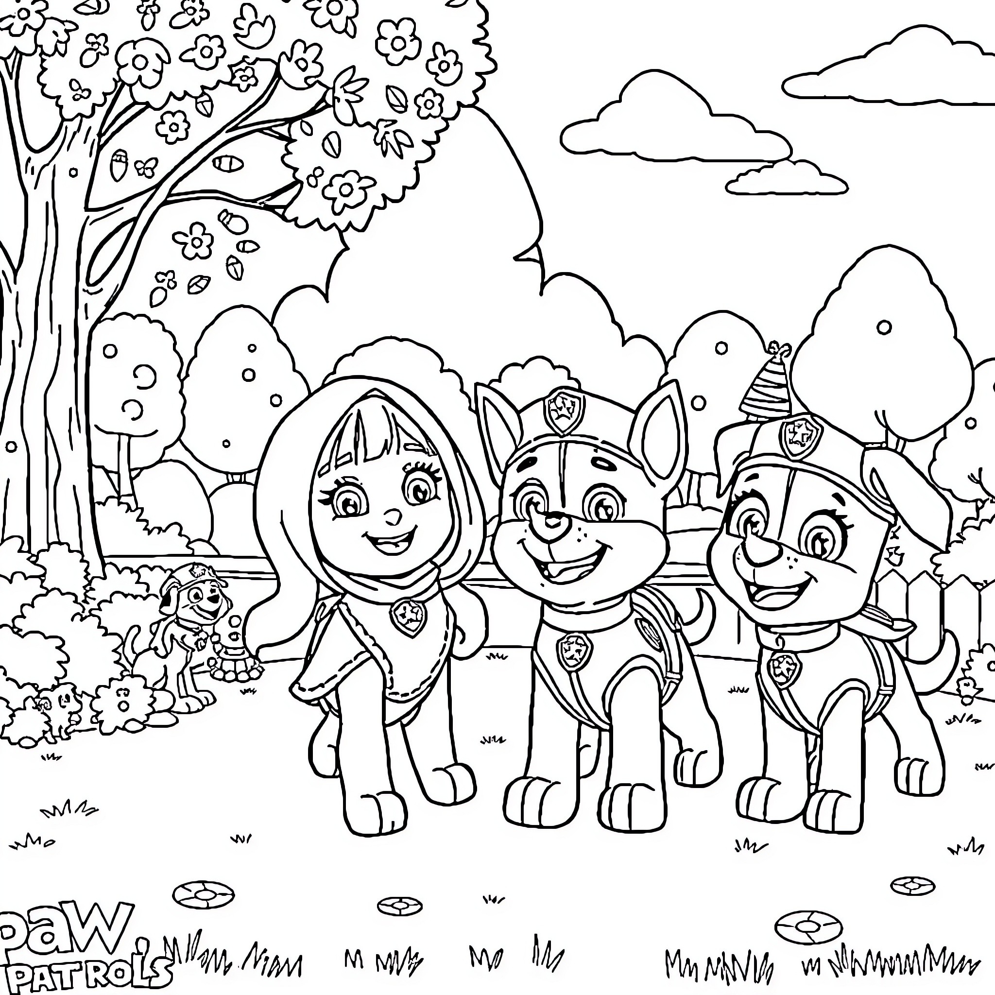 Masha and the Paw Patrol pups playing in the park Coloring Page (free black-and-white line drawing printable PDF for all, from beginners to advanced learners, including children, teens, adults, and seniors)