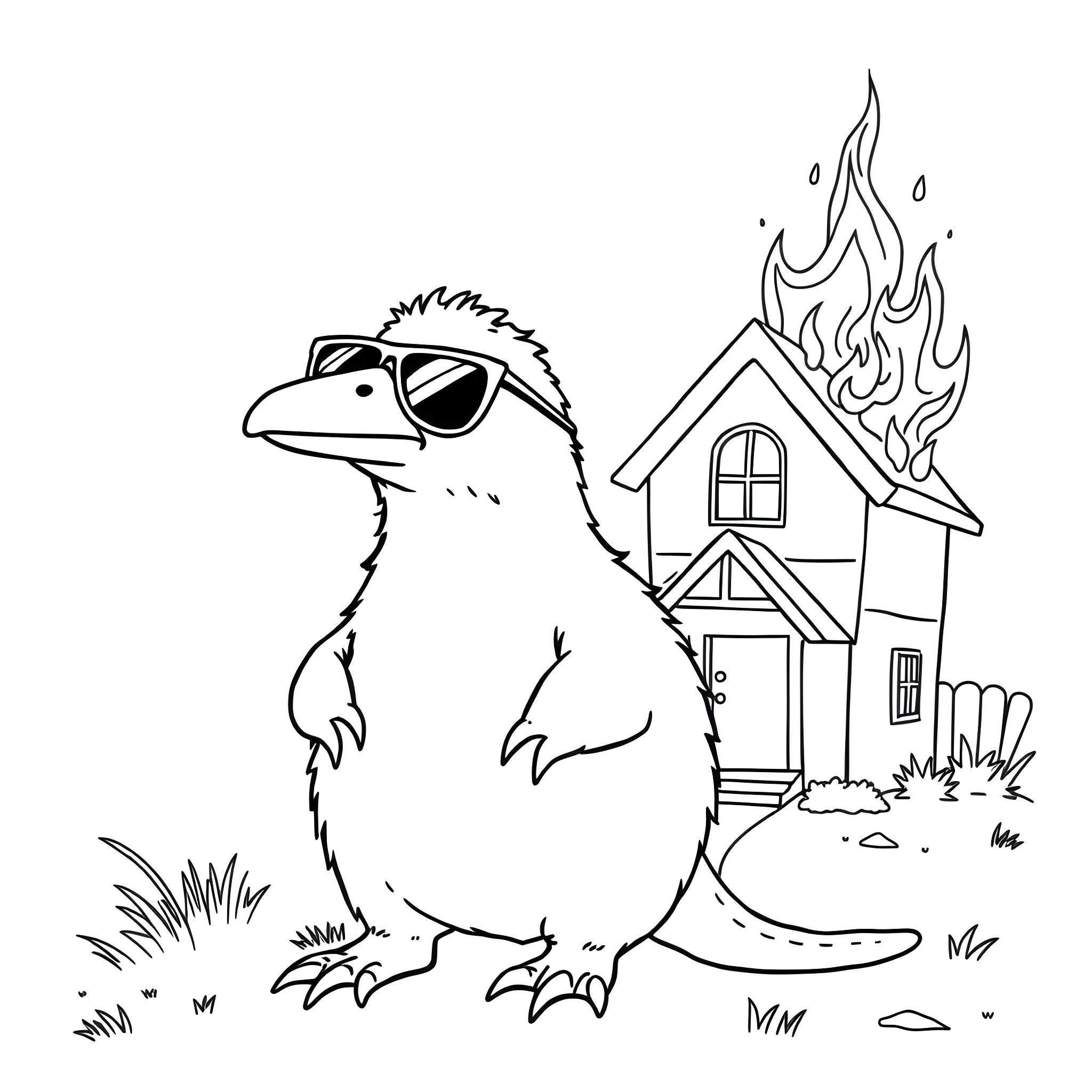Platypus Exploring a Burning House Coloring Page (free black-and-white line drawing printable PDF for all, from beginners to advanced learners, including children, teens, adults, and seniors)