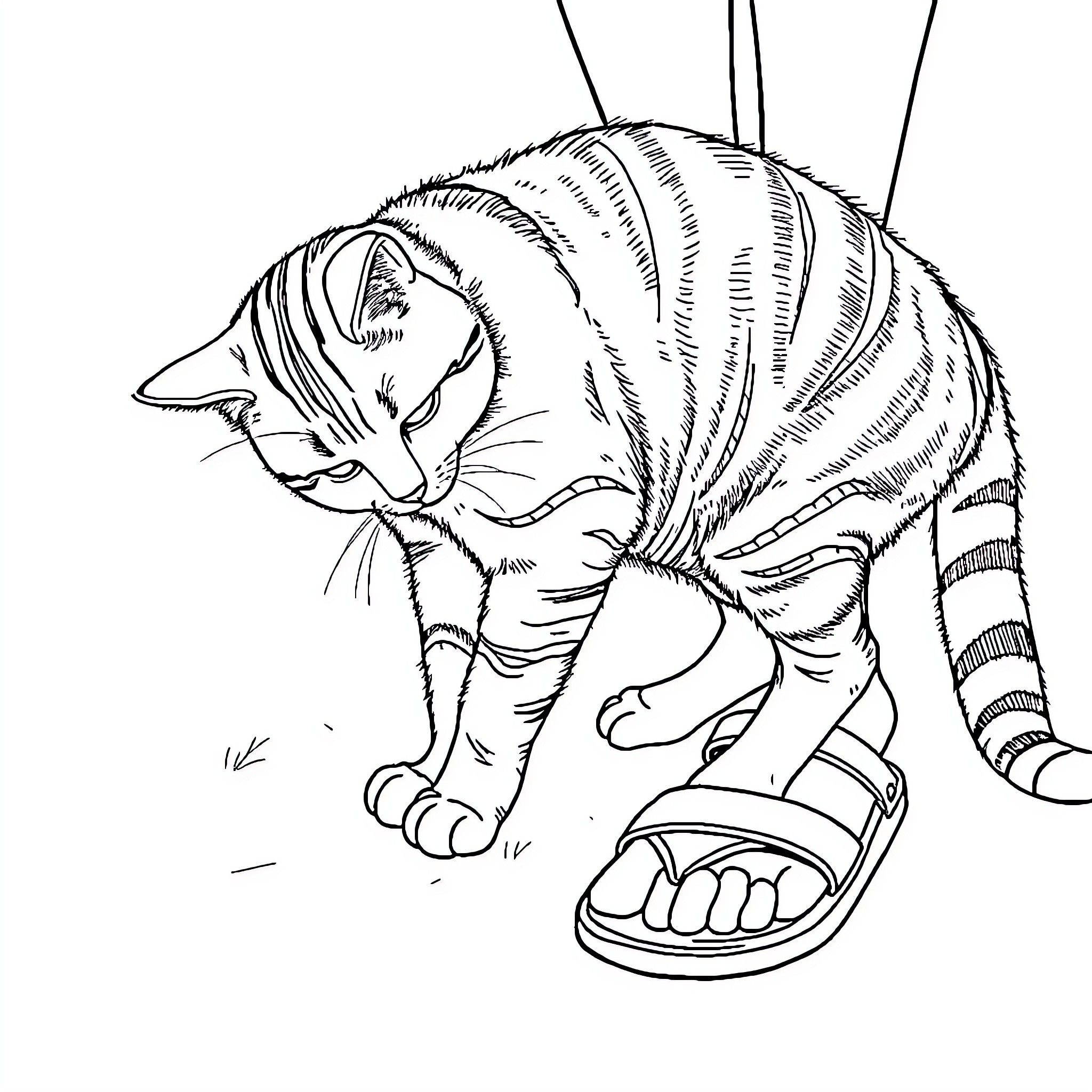 Cat wearing boots in outdoor scene Coloring Page (free black-and-white line drawing printable PDF for all, from beginners to advanced learners, including children, teens, adults, and seniors)