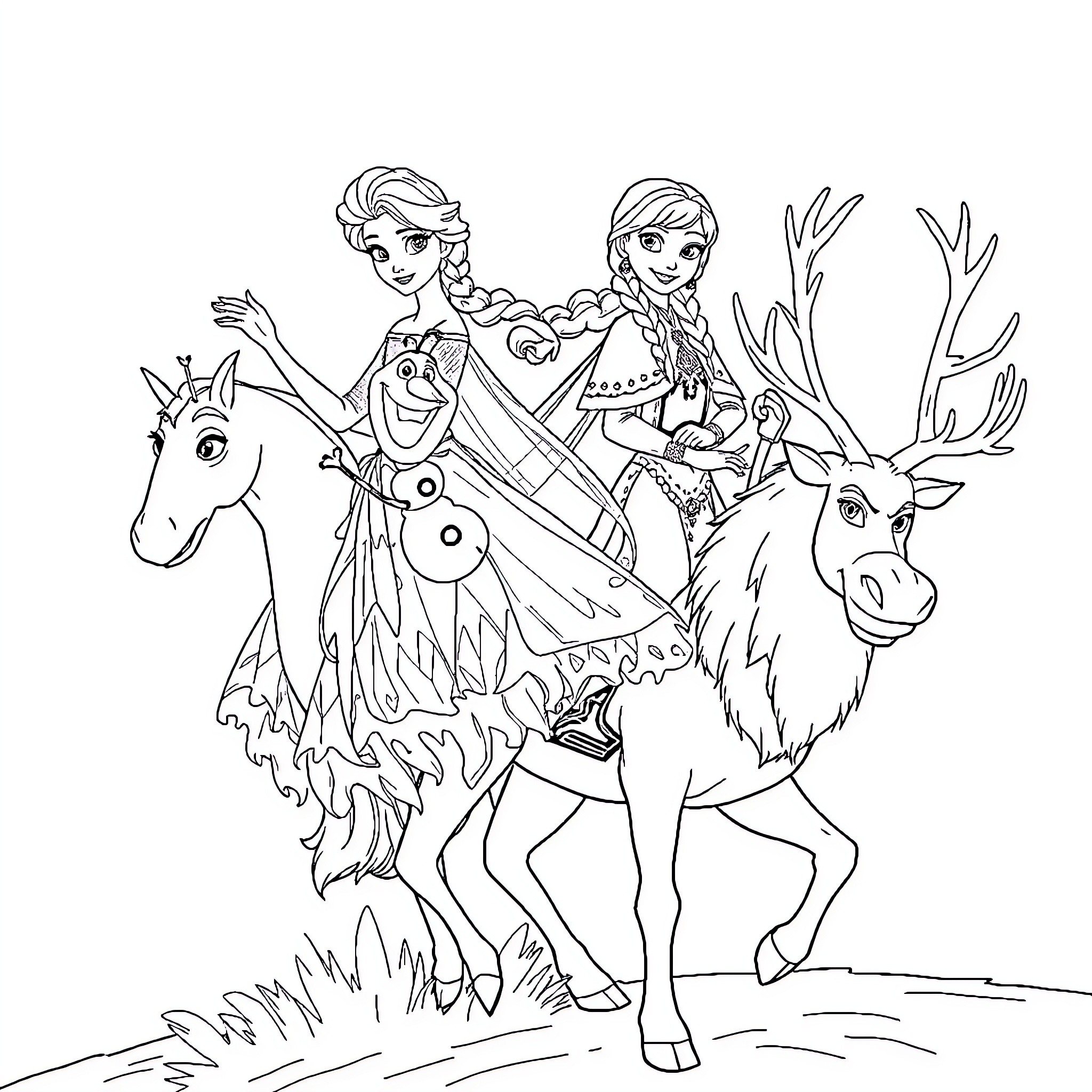 Princess sisters riding magical reindeer through the forest Coloring Page (free black-and-white line drawing printable PDF for all, from beginners to advanced learners, including children, teens, adults, and seniors)