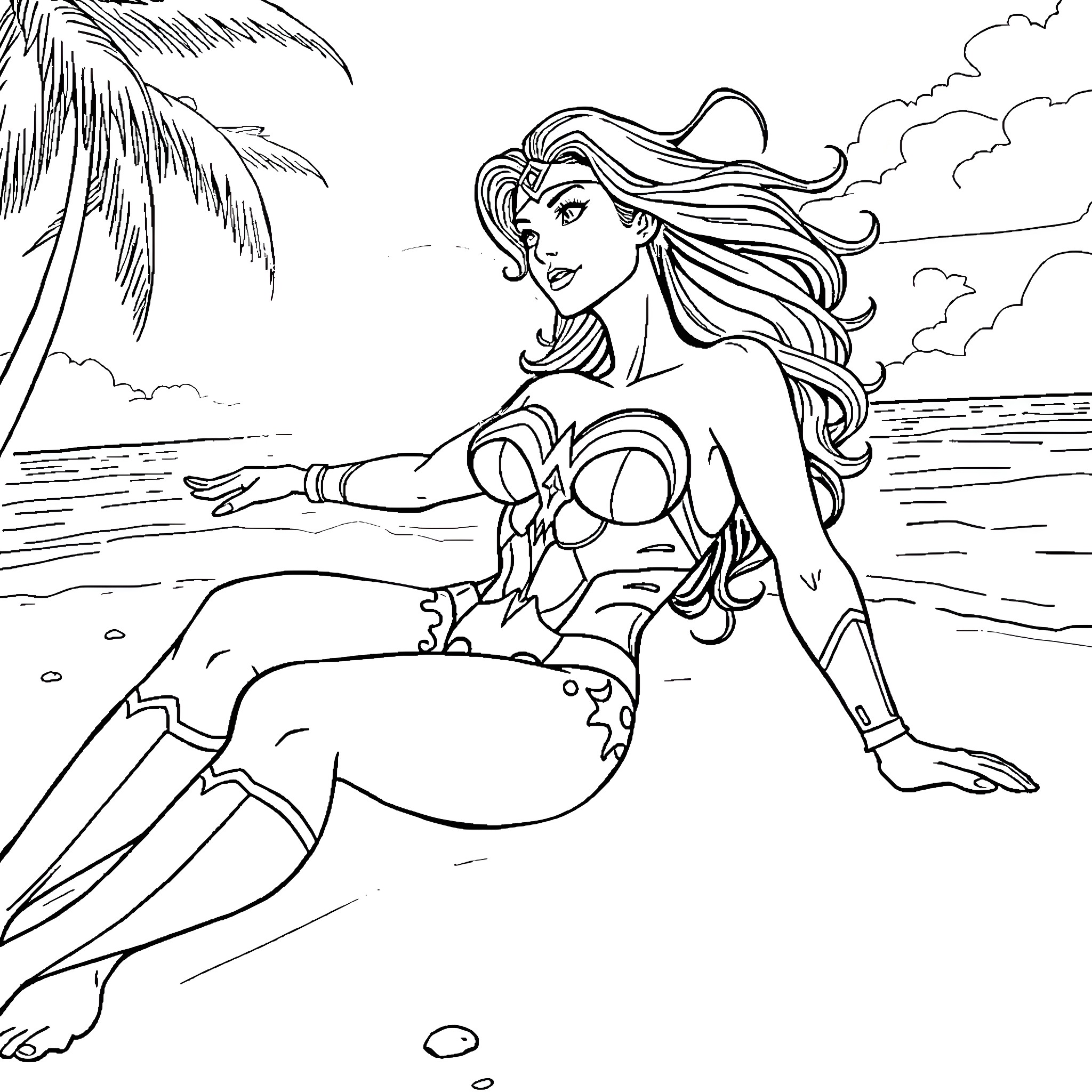 Wonder Woman in action on the beach Coloring Page (free black-and-white line drawing printable PDF for all, from beginners to advanced learners, including children, teens, adults, and seniors)