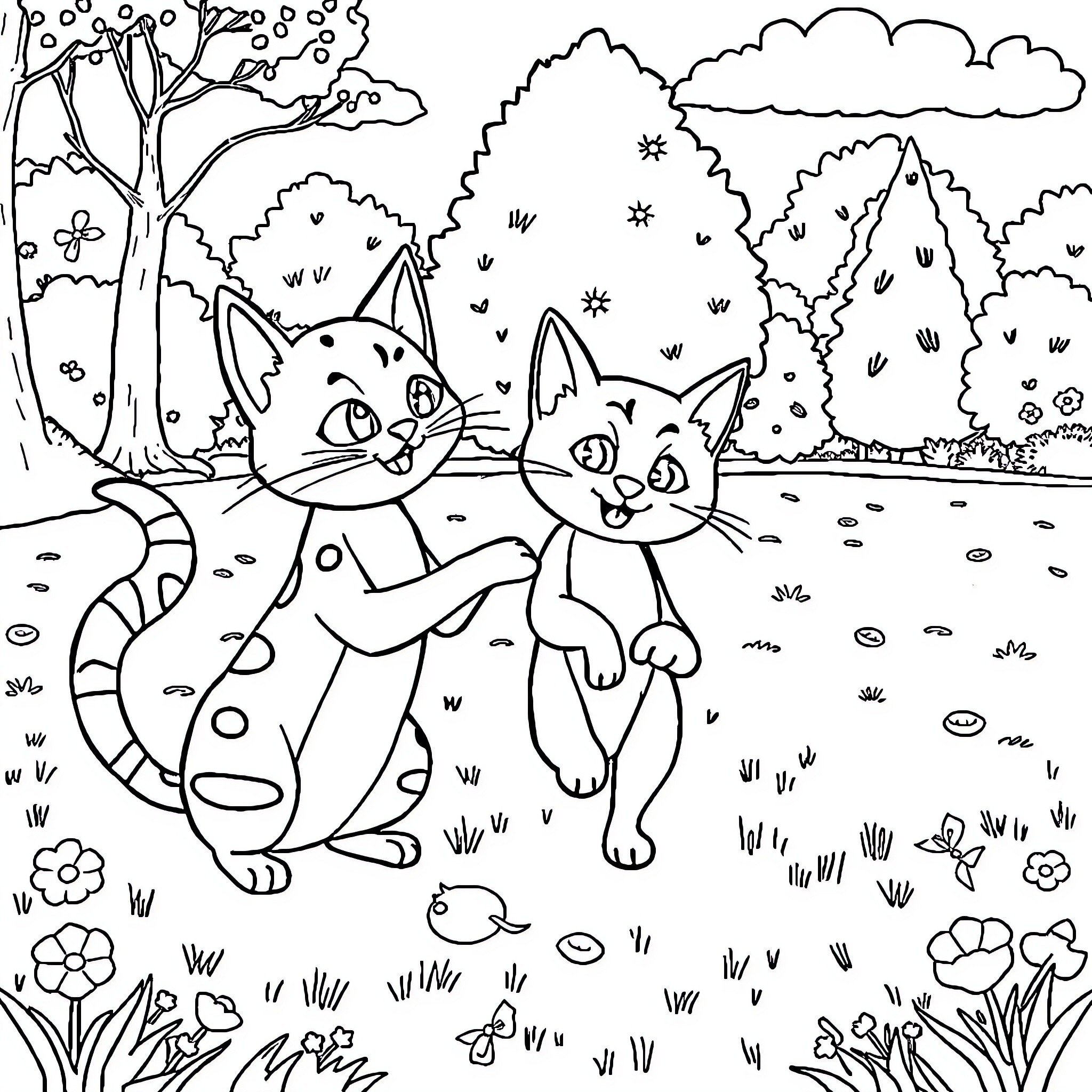 Pat Patrouille: Two Cats Exploring the Enchanting Forest Coloring Page (free black-and-white line drawing printable PDF for all, from beginners to advanced learners, including children, teens, adults, and seniors)
