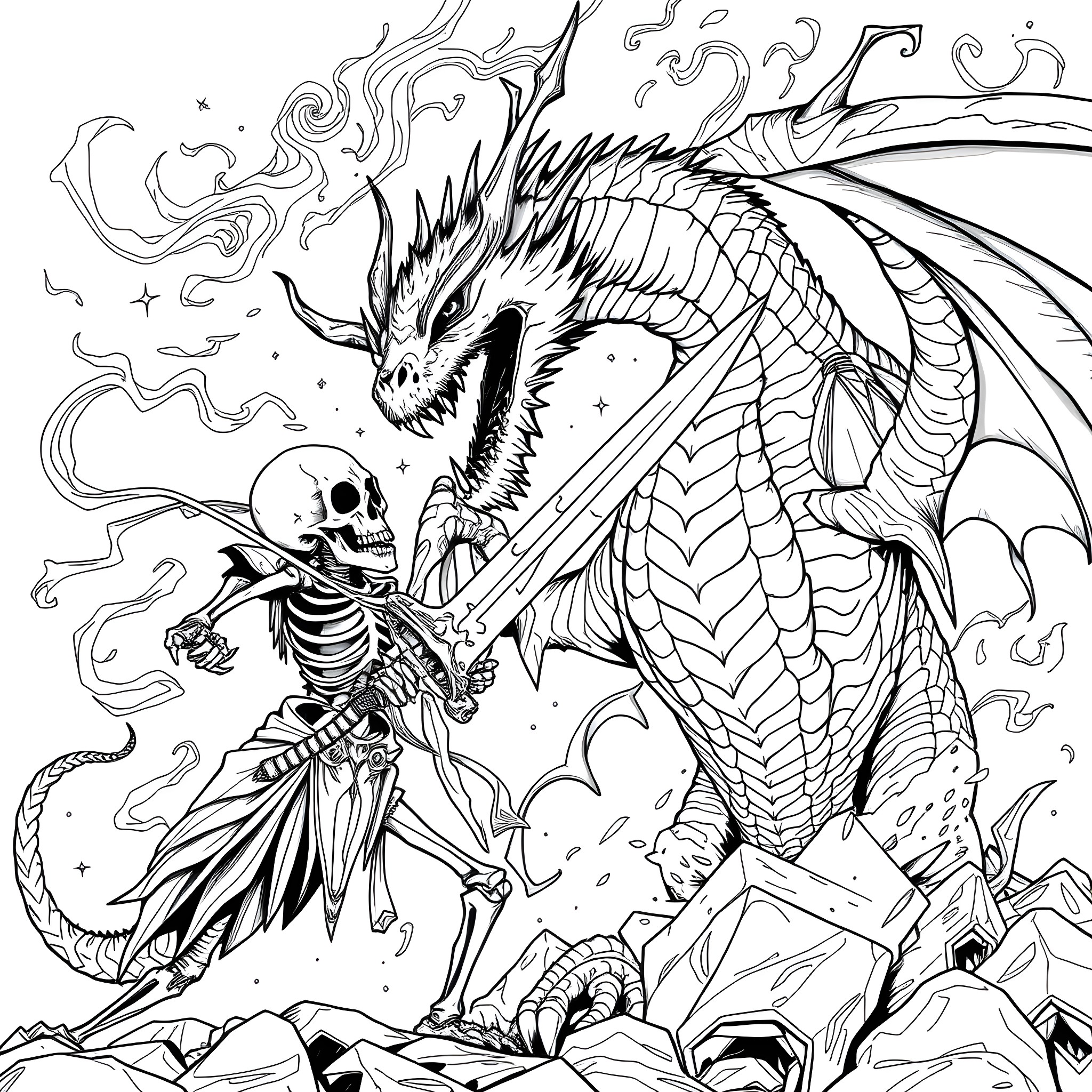 Skeleton battling a fierce dragon Coloring Page (free black-and-white line drawing printable PDF for all, from beginners to advanced learners, including children, teens, adults, and seniors)