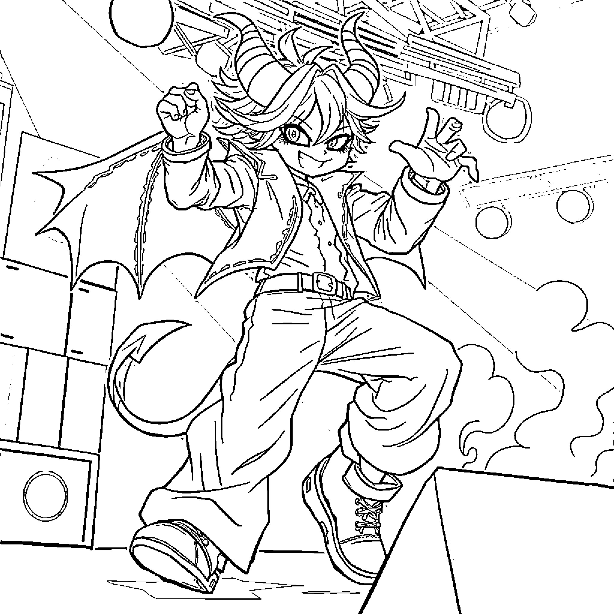 Kpop Demon Unleashes Energetic Performance Coloring Page (free black-and-white line drawing printable PDF for all, from beginners to advanced learners, including children, teens, adults, and seniors)