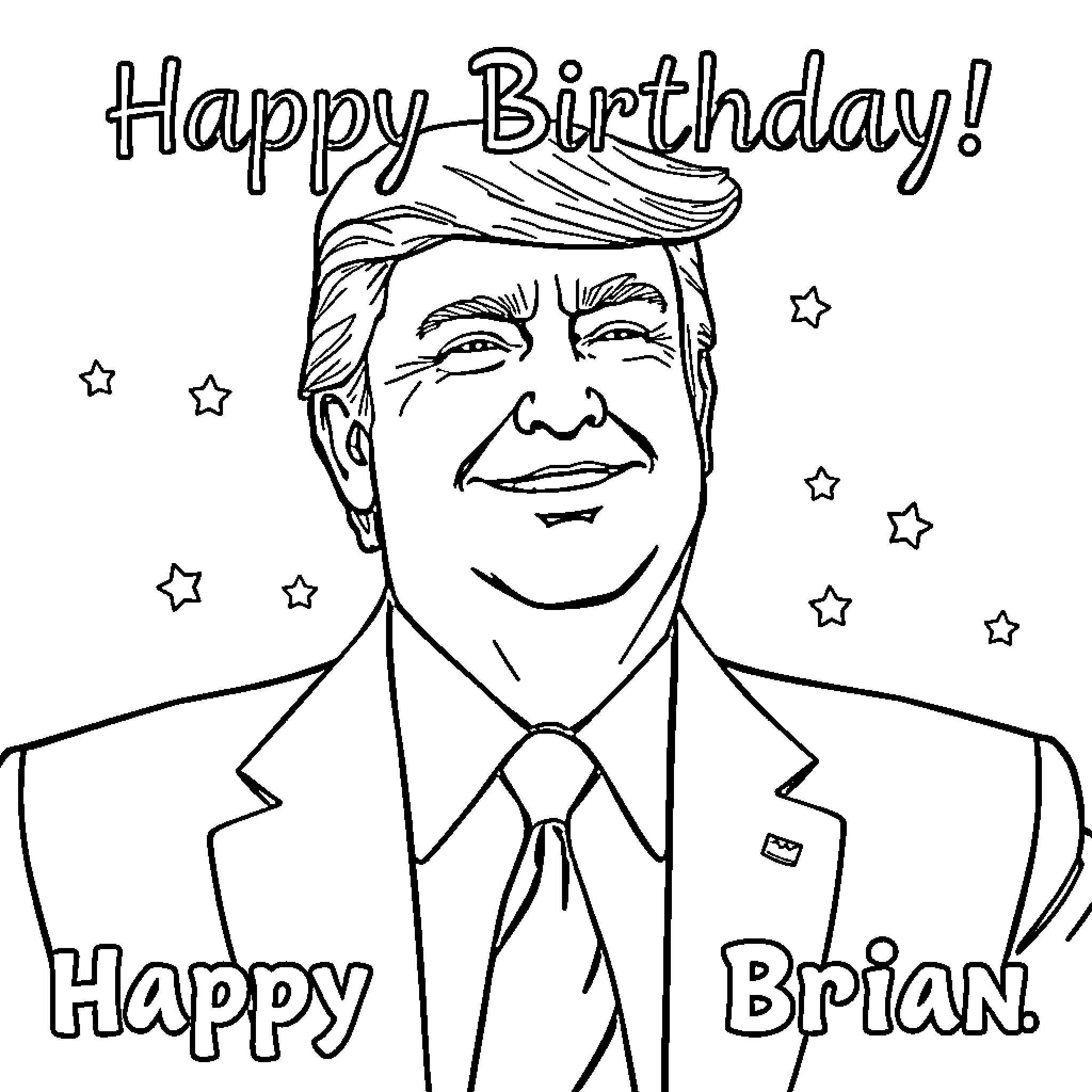 Donald Trump Wishes 'Happy Birthday' with Celebratory Attire Coloring Page (free black-and-white line drawing printable PDF for all, from beginners to advanced learners, including children, teens, adults, and seniors)
