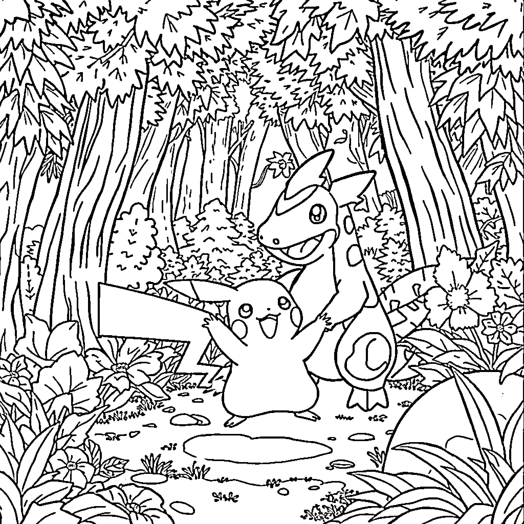 Pikachu playing in a magical forest Coloring Page (free black-and-white line drawing printable PDF for all, from beginners to advanced learners, including children, teens, adults, and seniors)