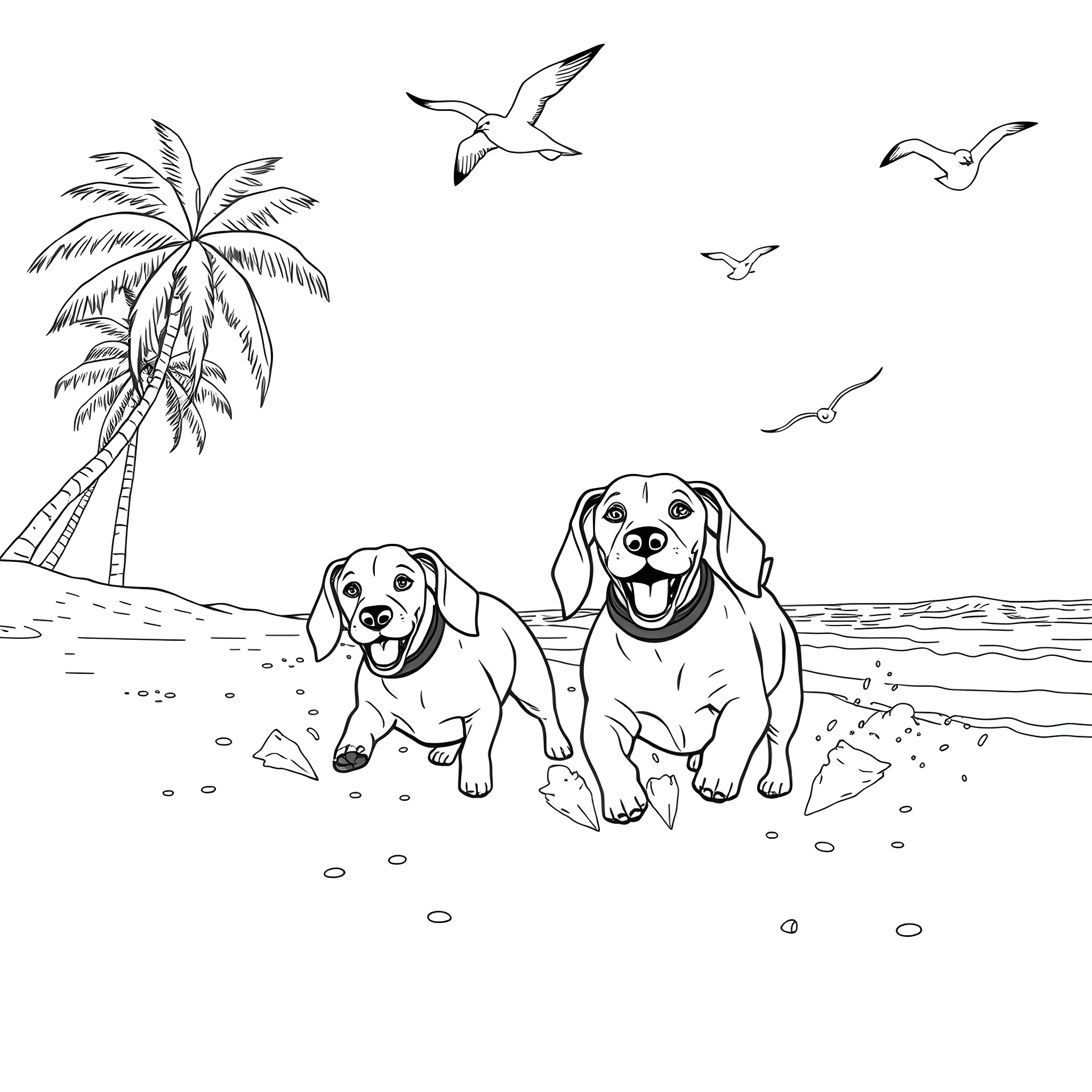 Sausage Dogs Playing Happily on the Beach Coloring Page (free black-and-white line drawing printable PDF for all, from beginners to advanced learners, including children, teens, adults, and seniors)