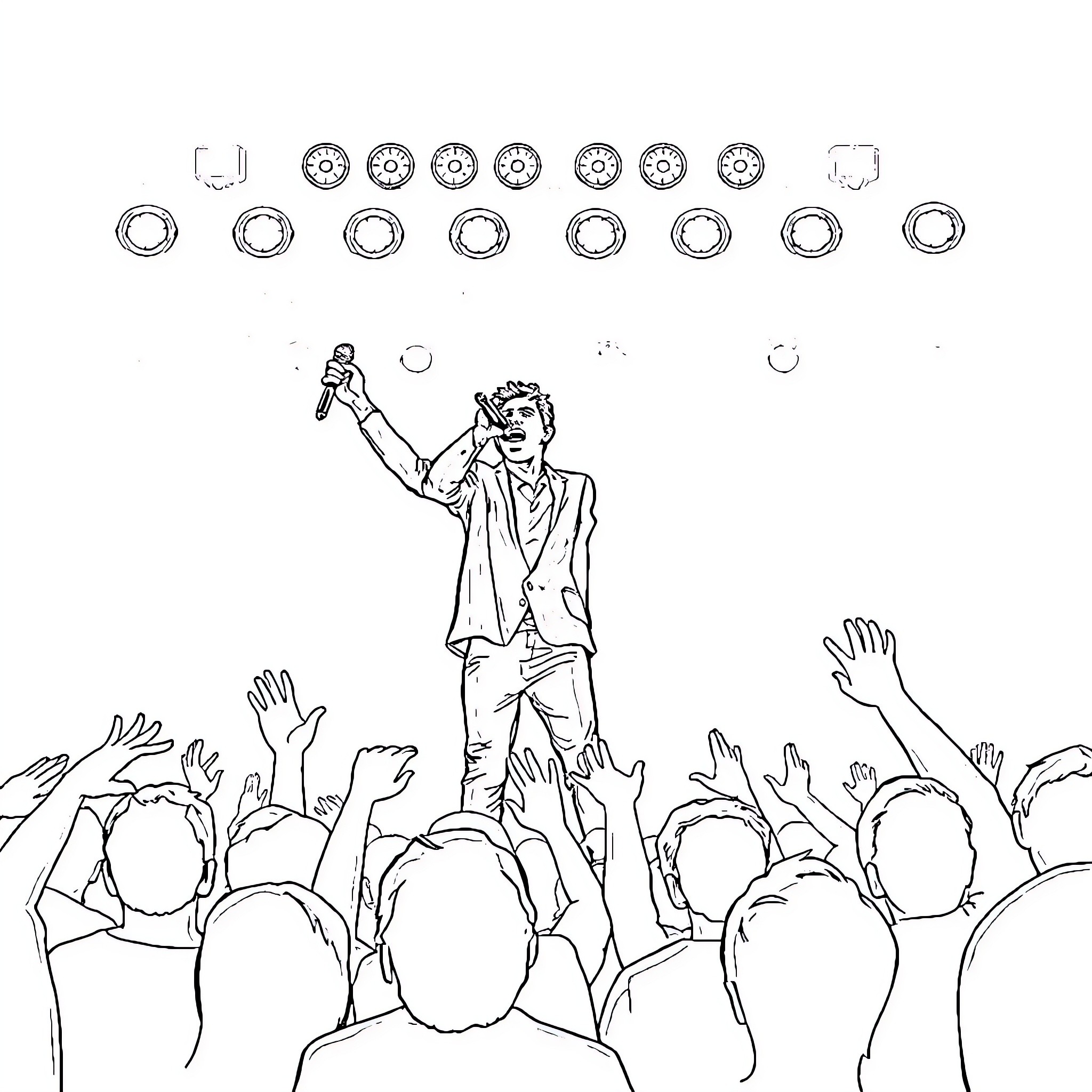 Karol G energizing the crowd with performance Coloring Page (free black-and-white line drawing printable PDF for all, from beginners to advanced learners, including children, teens, adults, and seniors)