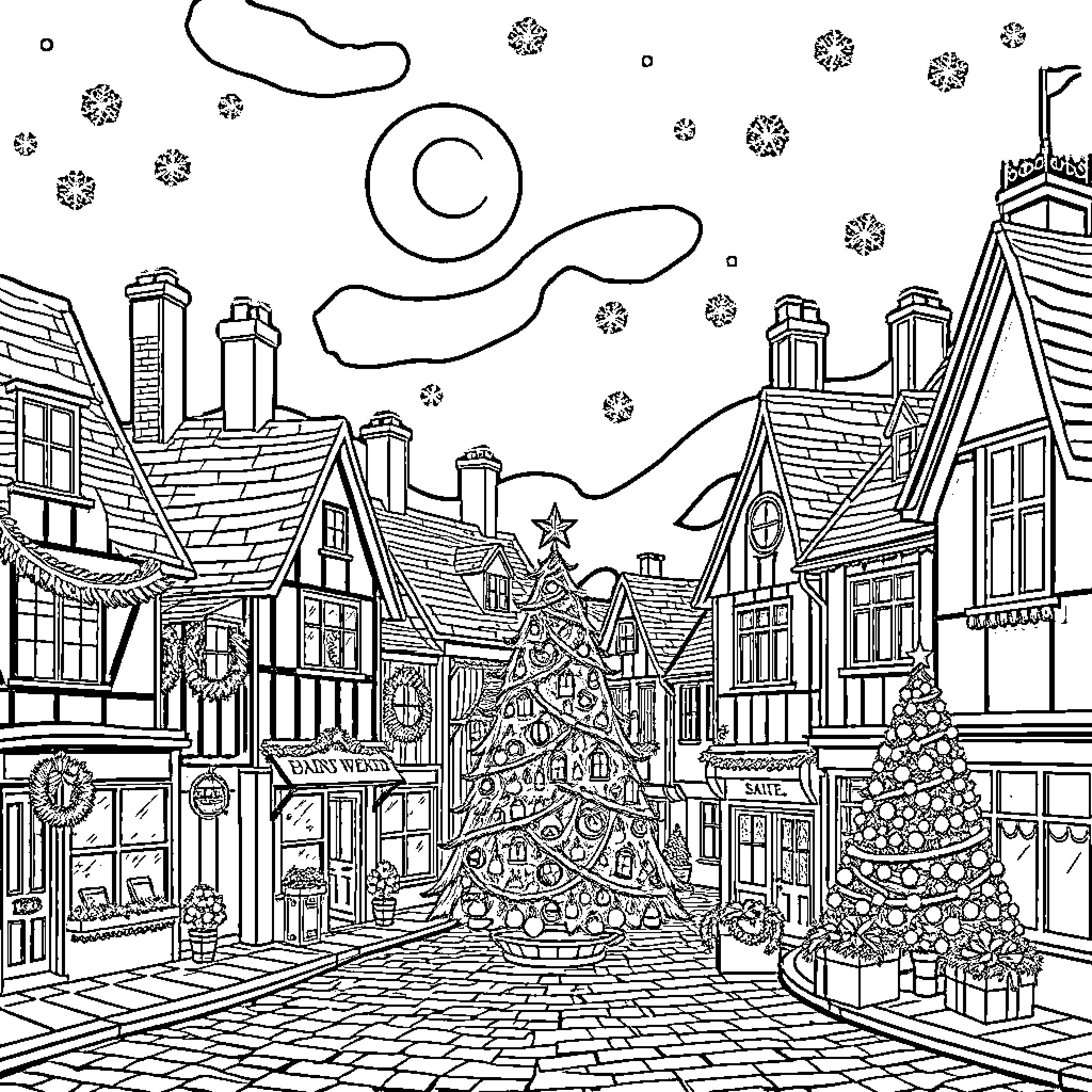 Town with festive decorations and snowflakes during winter Coloring Page (free black-and-white line drawing printable PDF for all, from beginners to advanced learners, including children, teens, adults, and seniors)