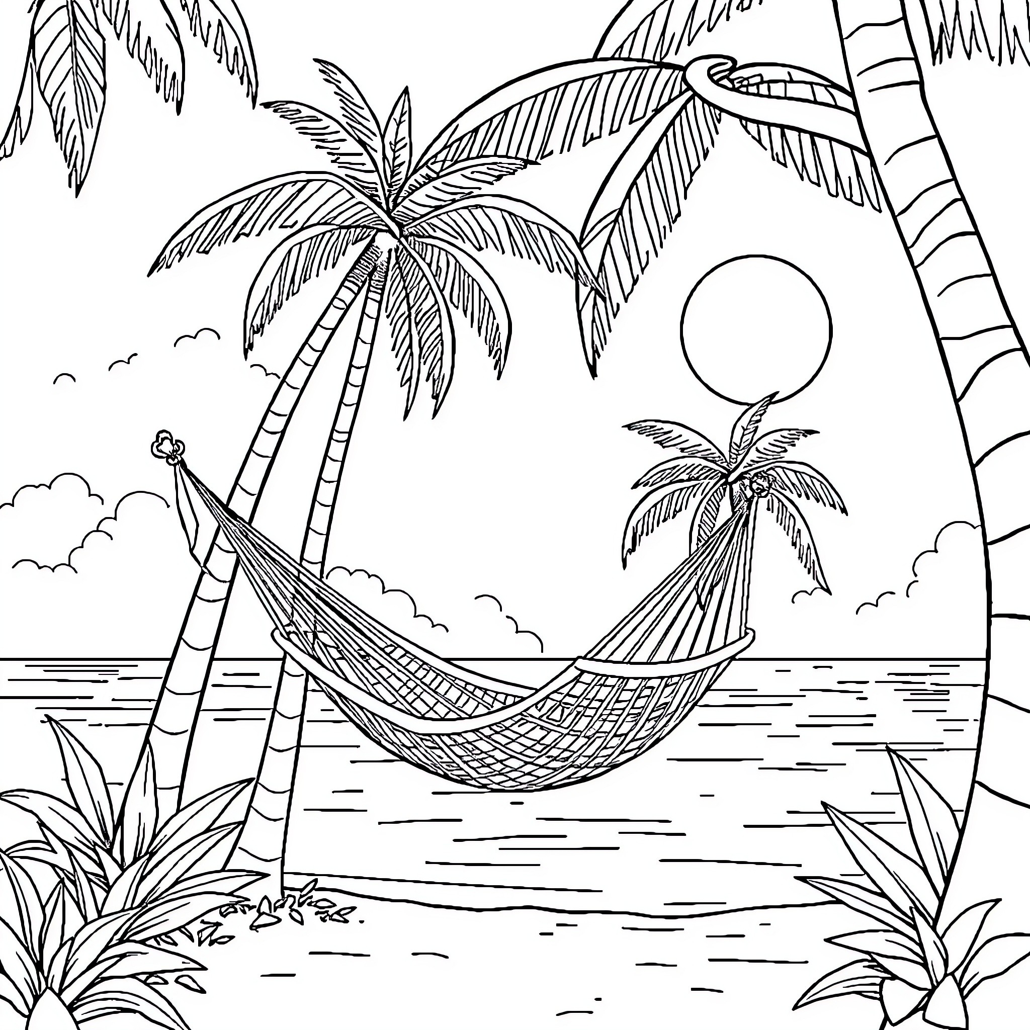 Hammock under swaying palm trees at tropical beach Coloring Page (free black-and-white line drawing printable PDF for all, from beginners to advanced learners, including children, teens, adults, and seniors)