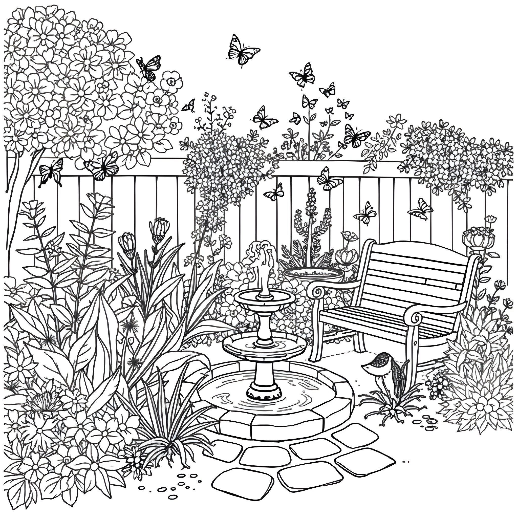 Garden with Flowers, Butterflies, and a Bench Coloring Page (free black-and-white line drawing printable PDF for all, from beginners to advanced learners, including children, teens, adults, and seniors)