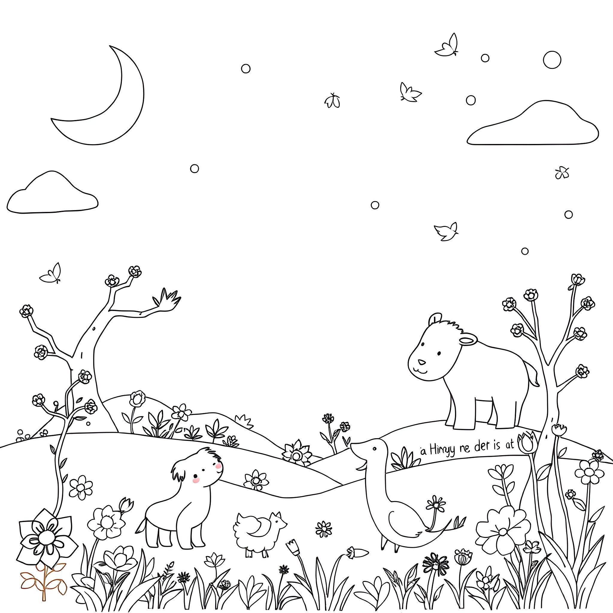 Nursery Rhyme Scene with Cute Animals and Flowers Coloring Page (free black-and-white line drawing printable PDF for all, from beginners to advanced learners, including children, teens, adults, and seniors)