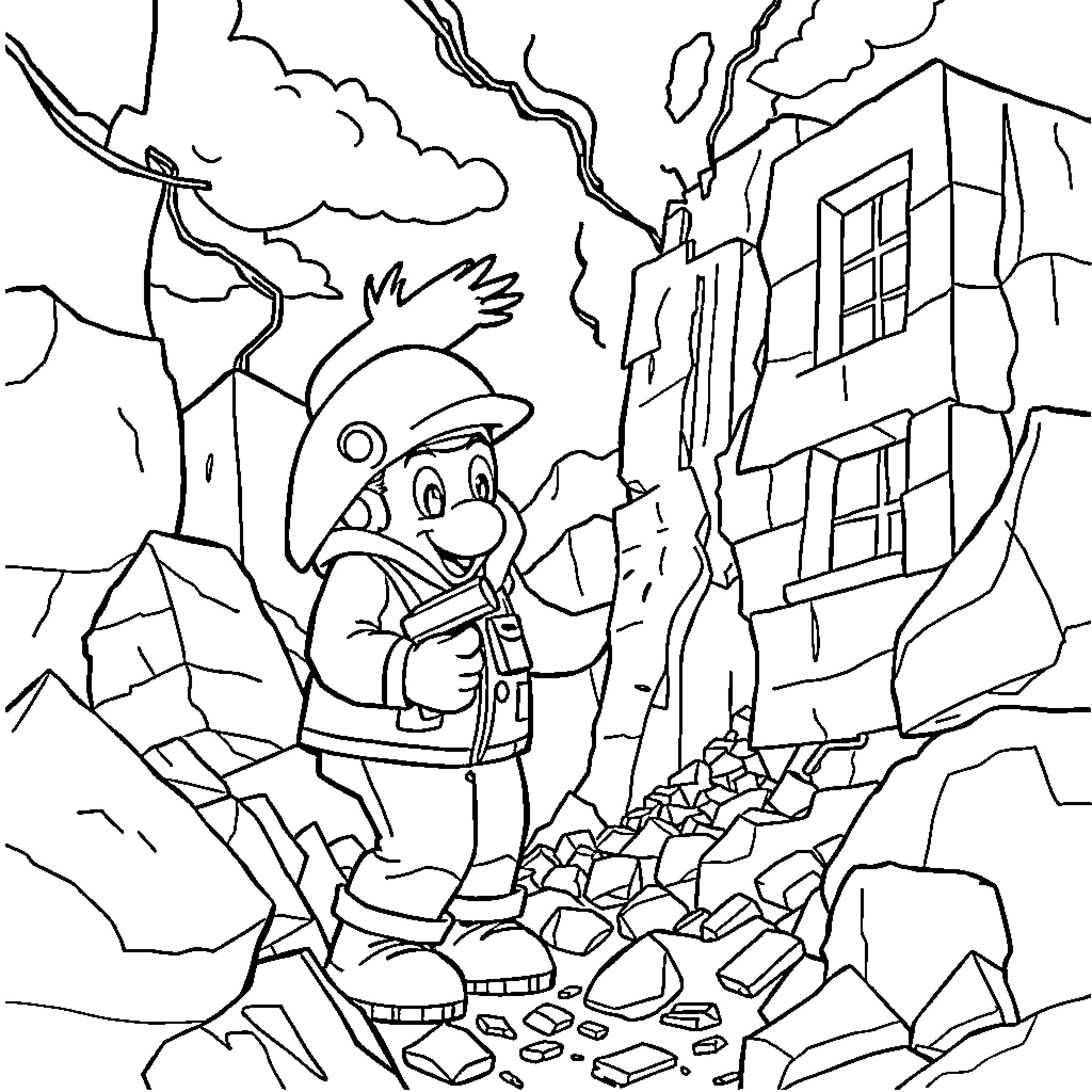 Pedro explores the ruins after a natural disaster Coloring Page (free black-and-white line drawing printable PDF for all, from beginners to advanced learners, including children, teens, adults, and seniors)