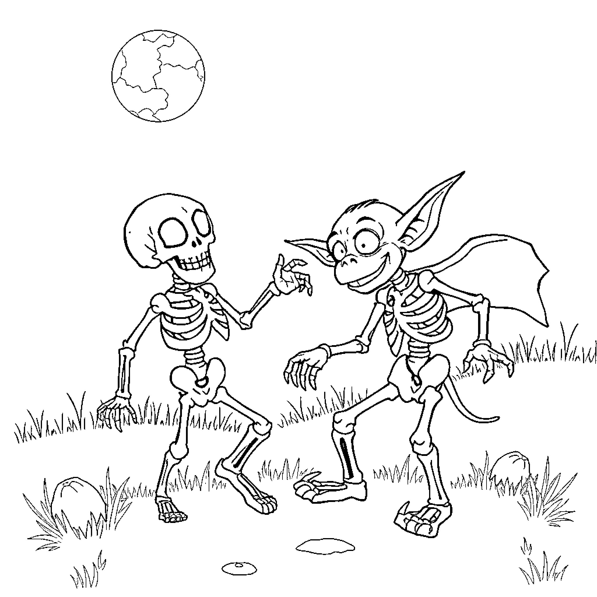Goblin skeleton duo dancing in the meadow Coloring Page (free black-and-white line drawing printable PDF for all, from beginners to advanced learners, including children, teens, adults, and seniors)