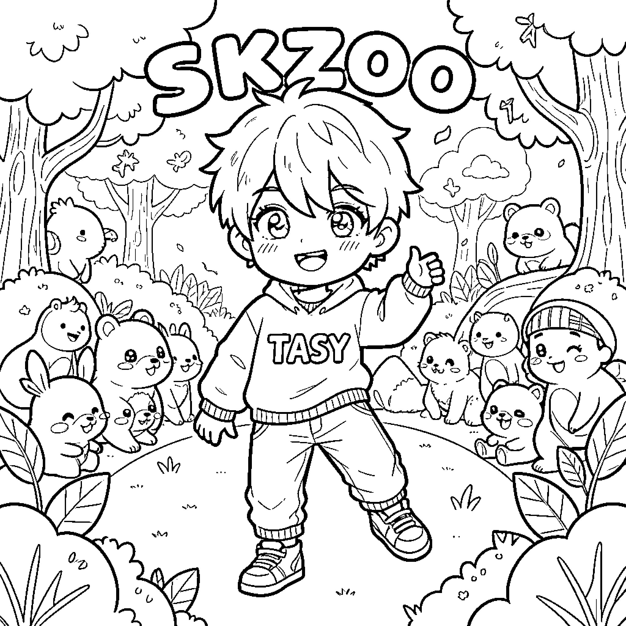 TASY character smiling and giving thumbs up among animals Coloring Page (free black-and-white line drawing printable PDF for all, from beginners to advanced learners, including children, teens, adults, and seniors)