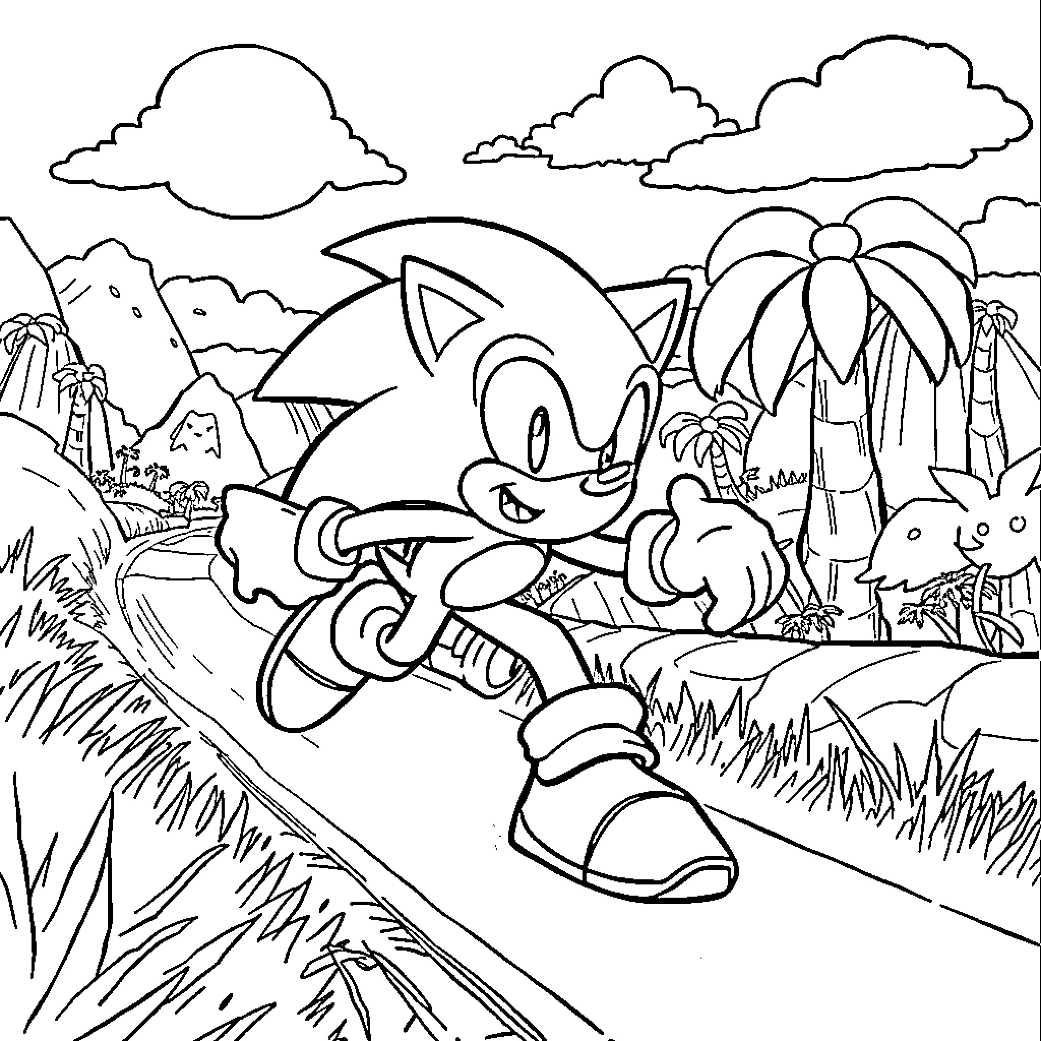 Sonic running through a tropical landscape Coloring Page (free black-and-white line drawing printable PDF for all, from beginners to advanced learners, including children, teens, adults, and seniors)