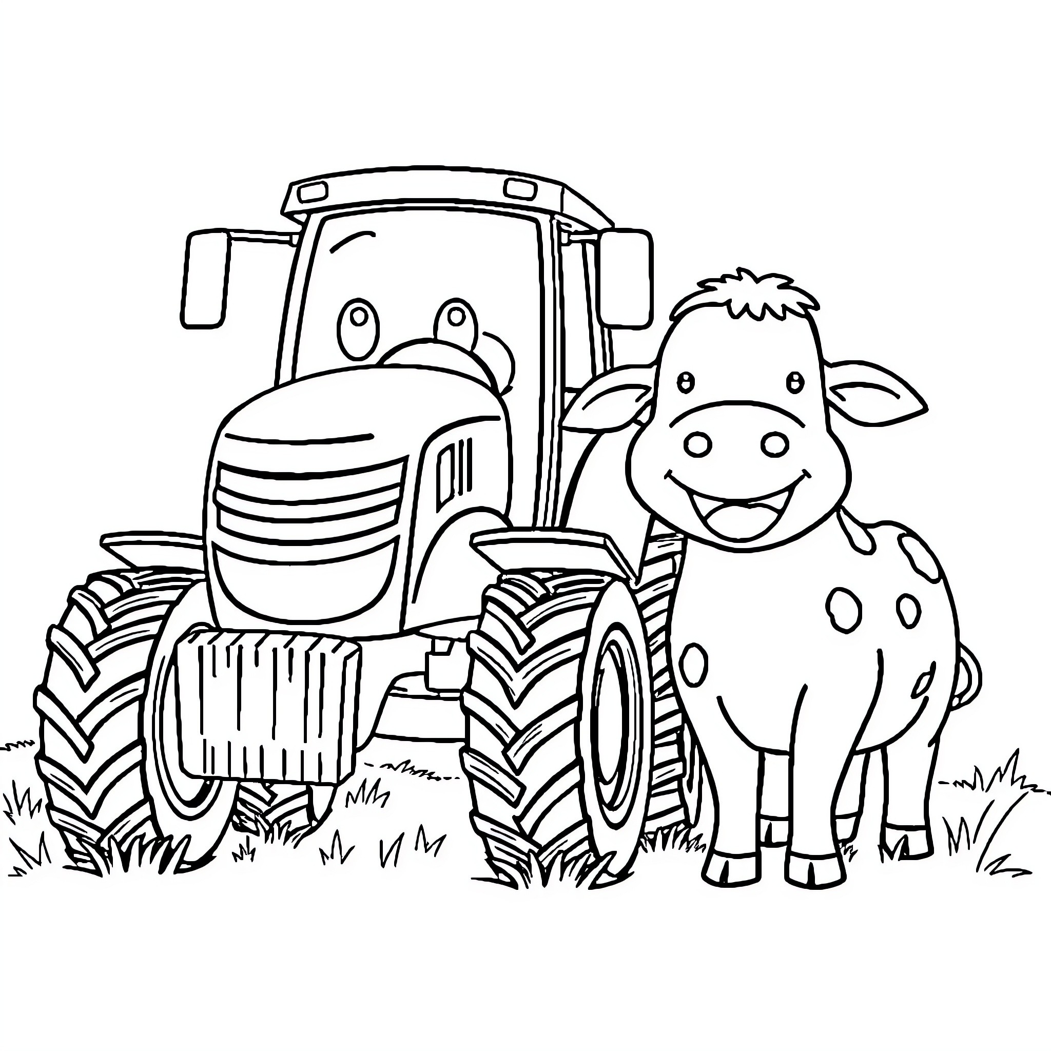Tractor and happy cow on the farm Coloring Page (free black-and-white line drawing printable PDF for all, from beginners to advanced learners, including children, teens, adults, and seniors)
