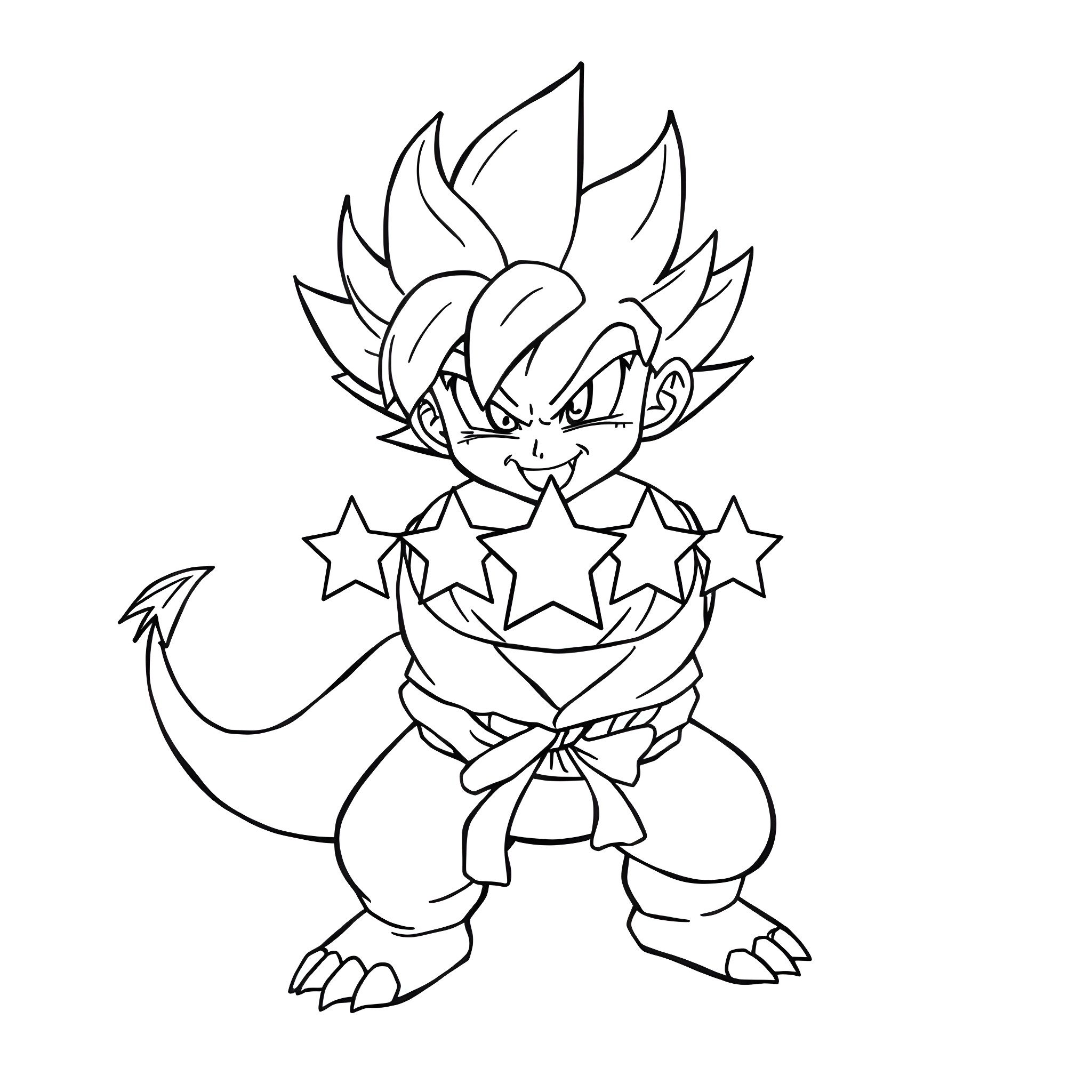 Dragonball character in action pose with stars Coloring Page (free black-and-white line drawing printable PDF for all, from beginners to advanced learners, including children, teens, adults, and seniors)