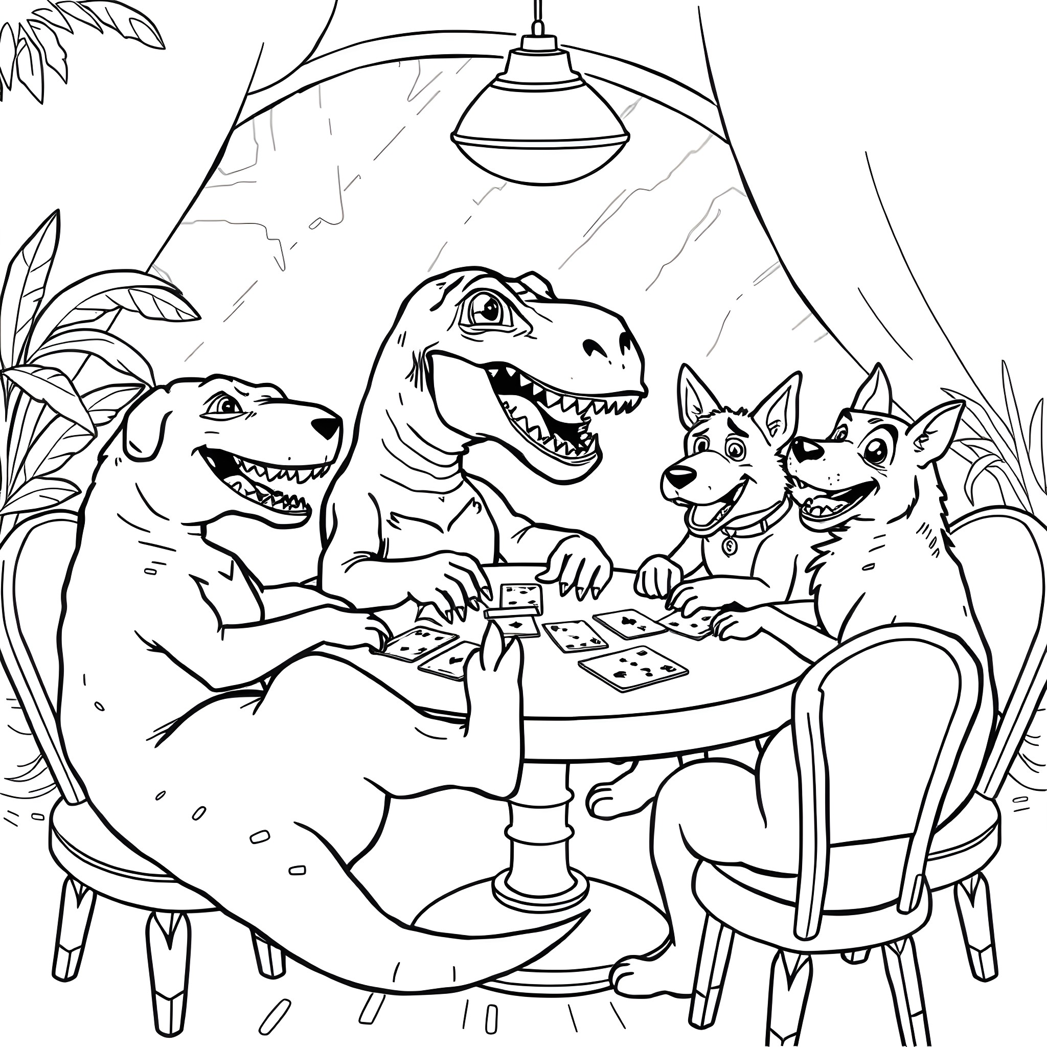 T-Rex and Dinosaur Friends Playing Card Game Coloring Page (free black-and-white line drawing printable PDF for all, from beginners to advanced learners, including children, teens, adults, and seniors)