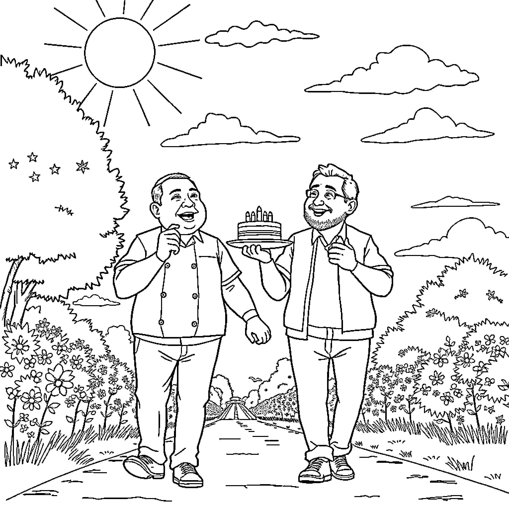 Jaroslaw Kaczyński and companion enjoying outdoor celebration Coloring Page (free black-and-white line drawing printable PDF for all, from beginners to advanced learners, including children, teens, adults, and seniors)