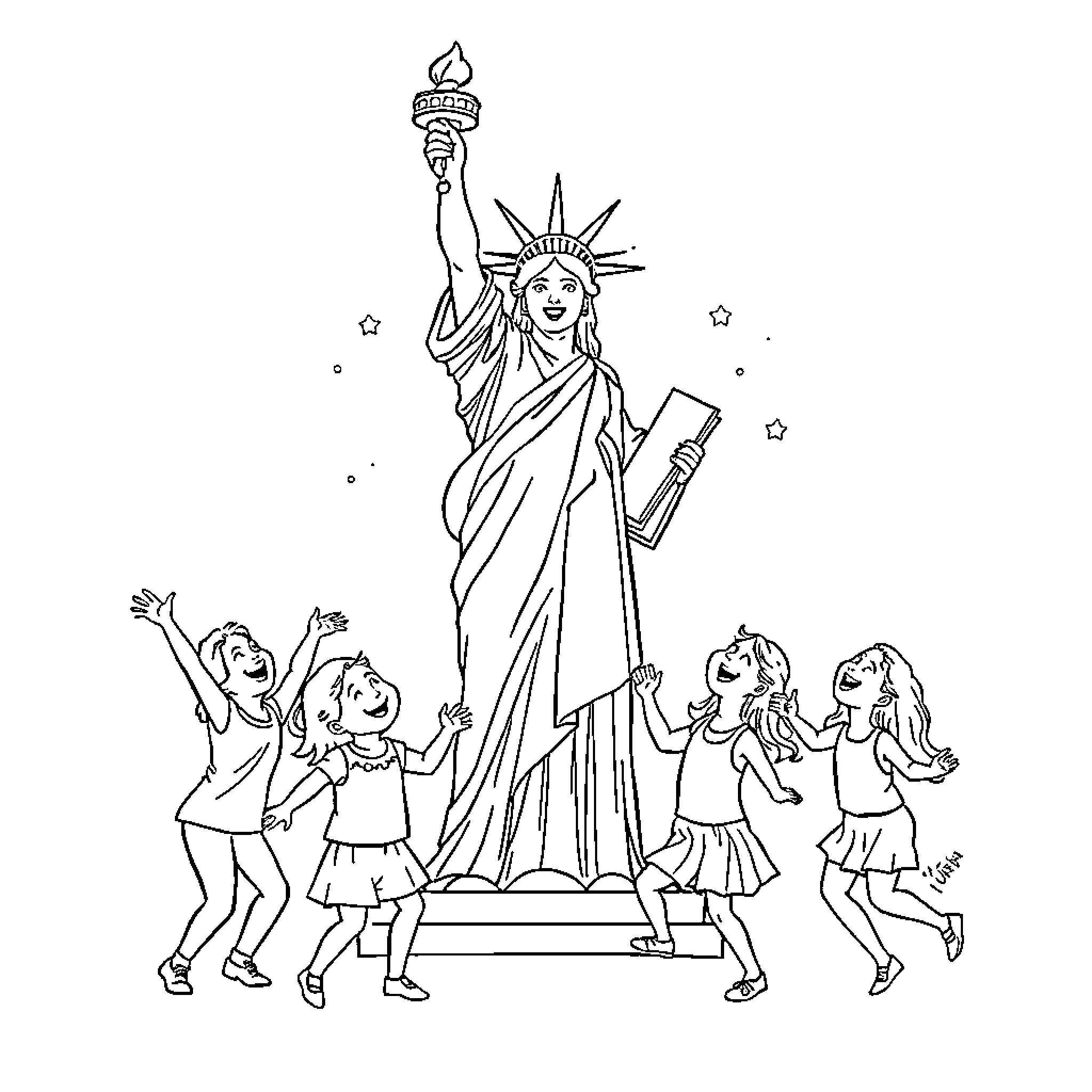 Statue Of Liberty with Joyful Children Coloring Page (free black-and-white line drawing printable PDF for all, from beginners to advanced learners, including children, teens, adults, and seniors)
