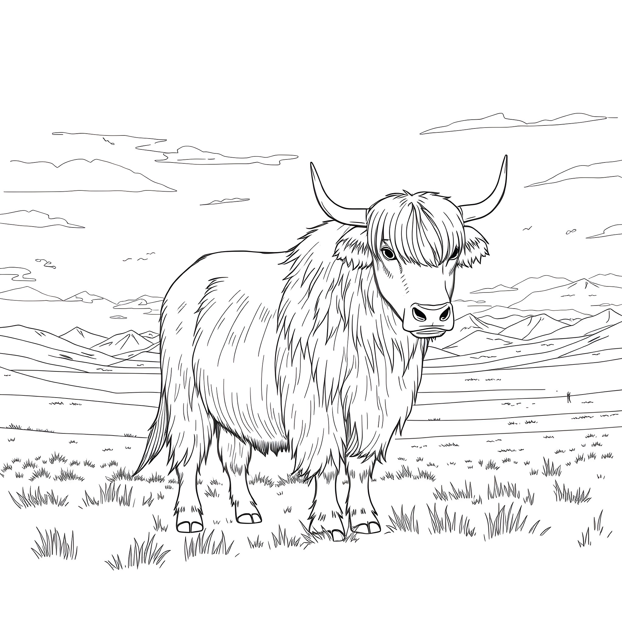 Yak standing majestically in a mountain landscape Coloring Page (free black-and-white line drawing printable PDF for all, from beginners to advanced learners, including children, teens, adults, and seniors)