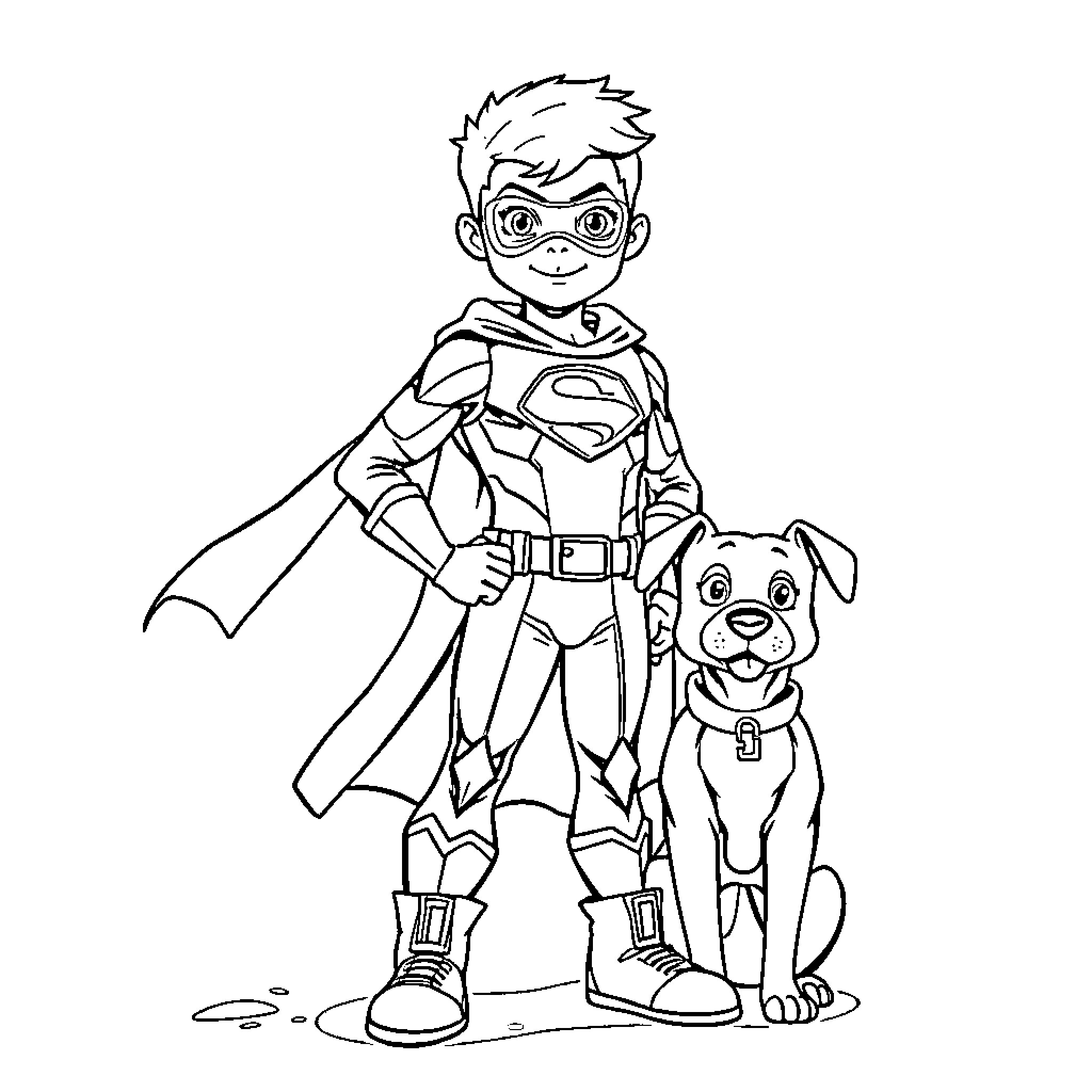 Superhero and His Loyal Canine Companion Coloring Page (free black-and-white line drawing printable PDF for all, from beginners to advanced learners, including children, teens, adults, and seniors)