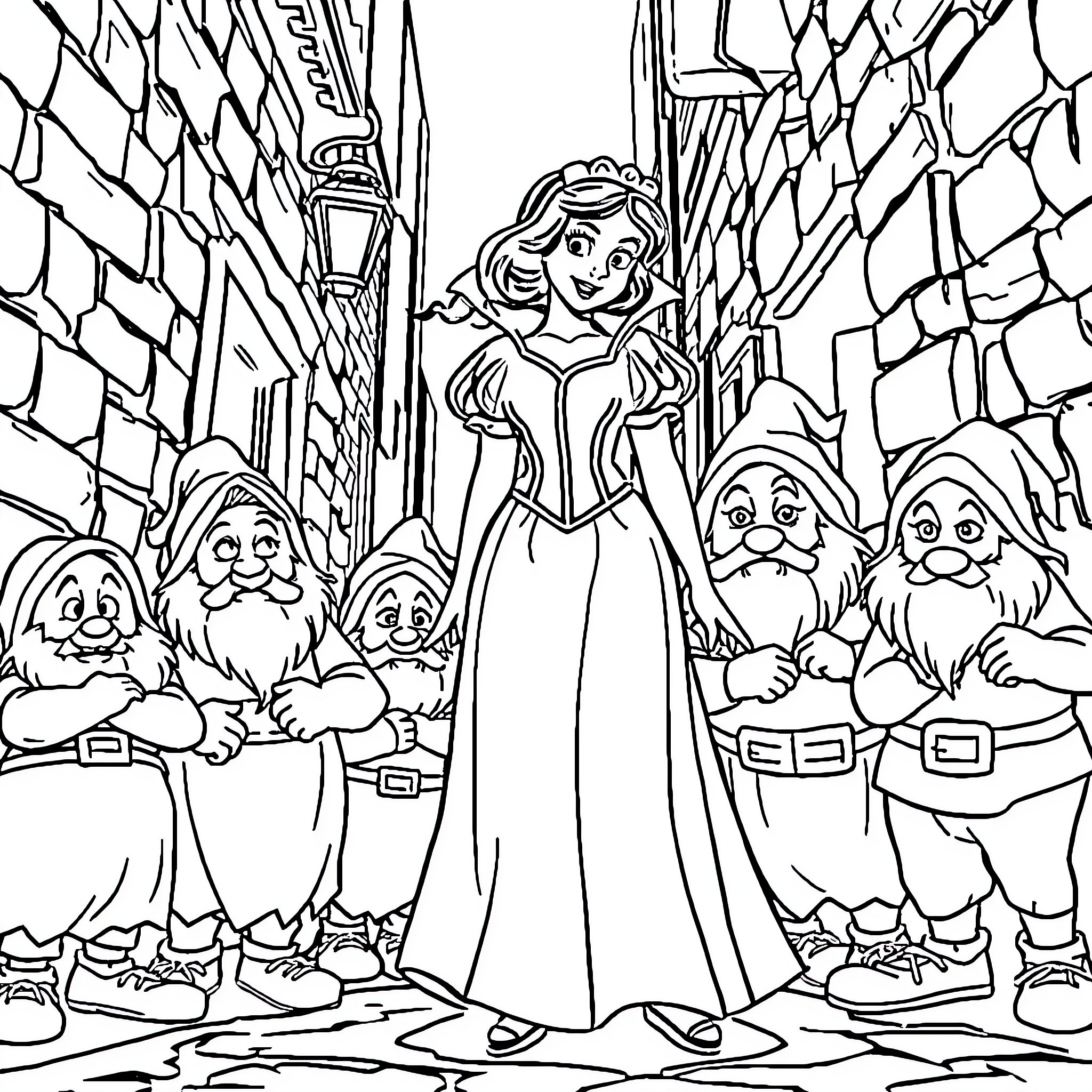 Snow White and the Seven Dwarfs on a Village Street Coloring Page (free black-and-white line drawing printable PDF for all, from beginners to advanced learners, including children, teens, adults, and seniors)