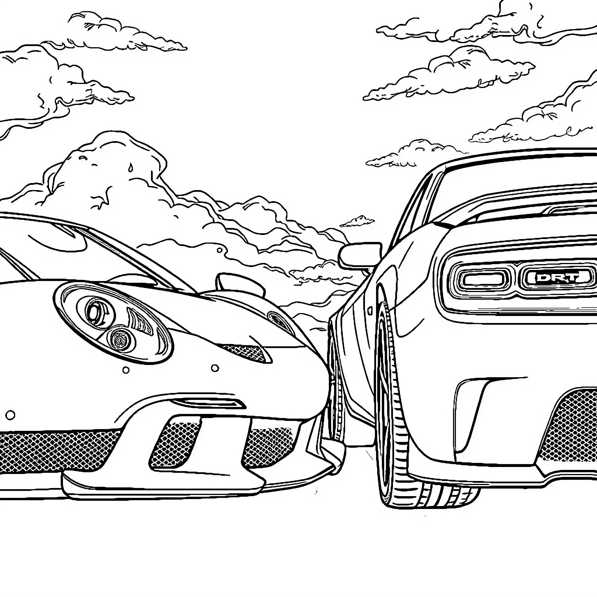 Car racing through cloudy landscape Coloring Page (free black-and-white line drawing printable PDF for all, from beginners to advanced learners, including children, teens, adults, and seniors)