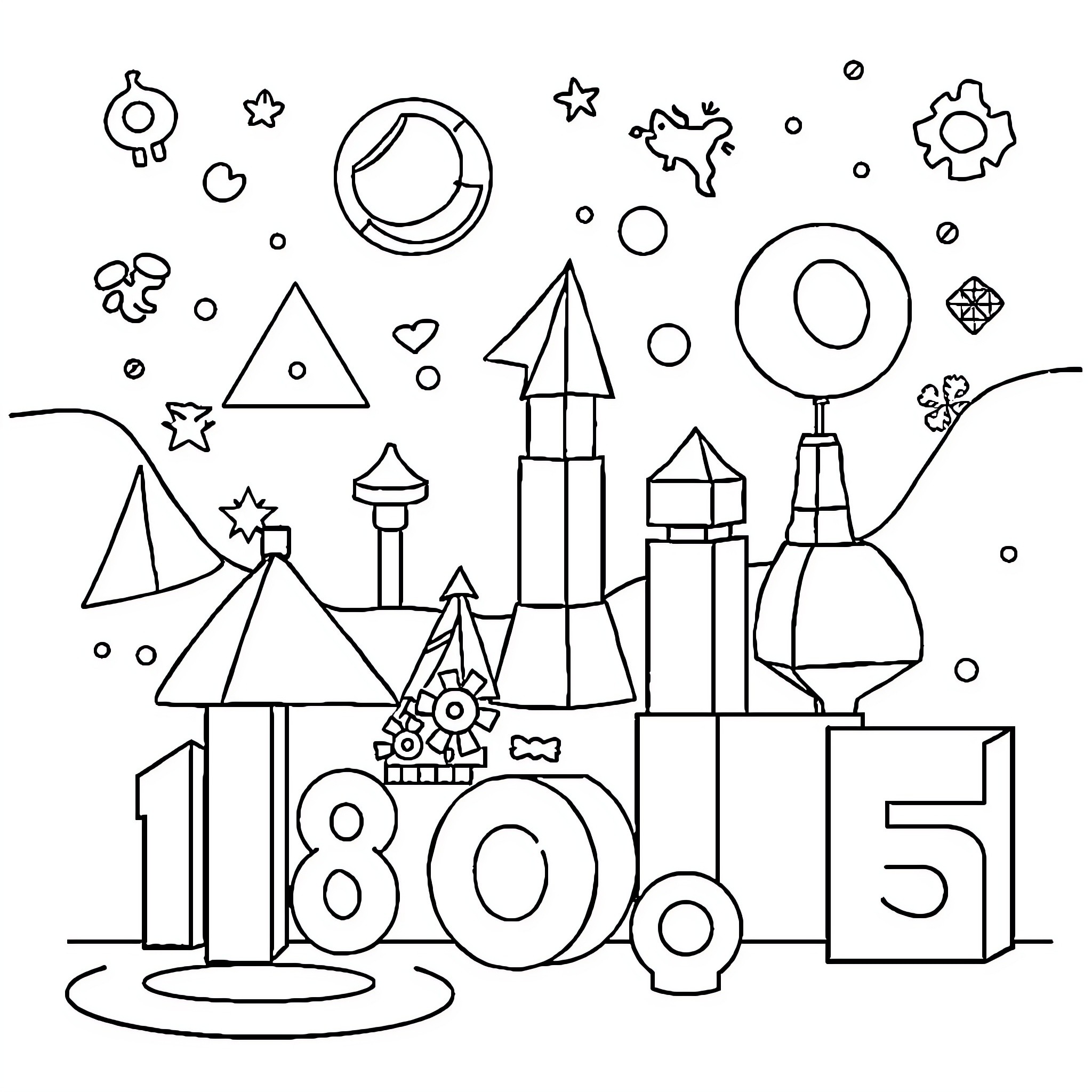 Math Symbols and Geometric Shapes in Playful Composition Coloring Page (free black-and-white line drawing printable PDF for all, from beginners to advanced learners, including children, teens, adults, and seniors)