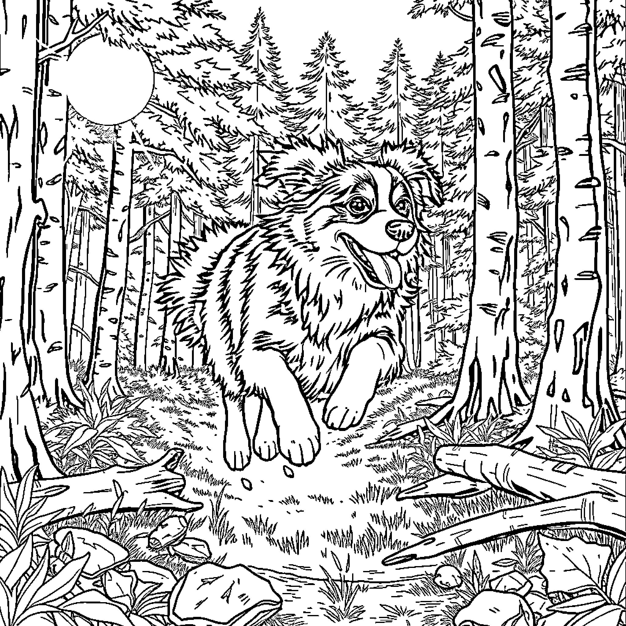 Australian Shepherd in a Serene Forest Landscape Coloring Page (free black-and-white line drawing printable PDF for all, from beginners to advanced learners, including children, teens, adults, and seniors)