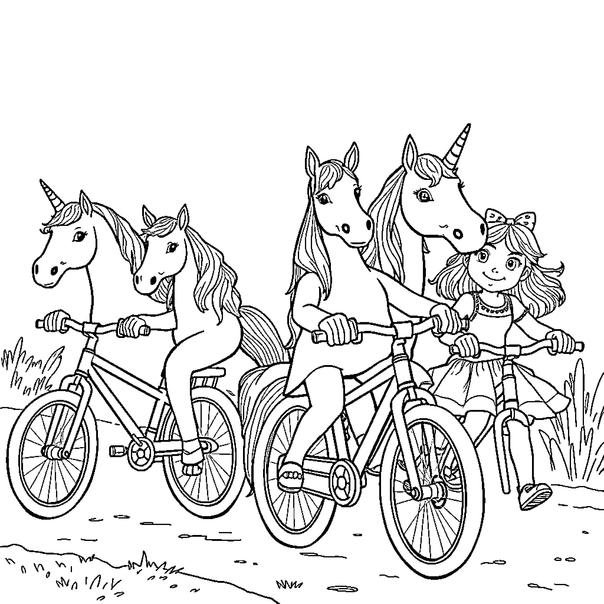 Unicorns enjoying a bike ride in the park Coloring Page (free black-and-white line drawing printable PDF for all, from beginners to advanced learners, including children, teens, adults, and seniors)