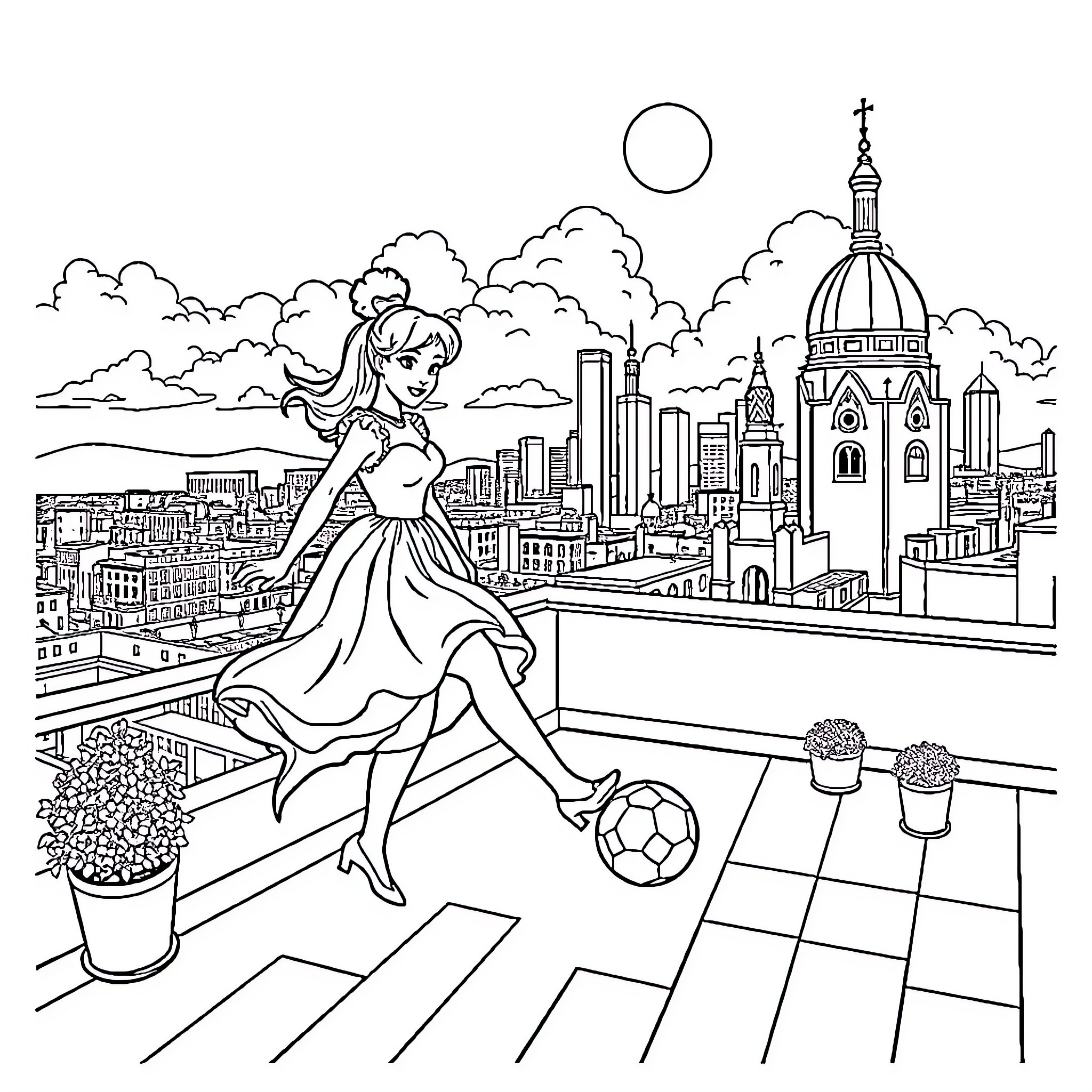 Cinderella enjoying a sunny day in the city Coloring Page (free black-and-white line drawing printable PDF for all, from beginners to advanced learners, including children, teens, adults, and seniors)