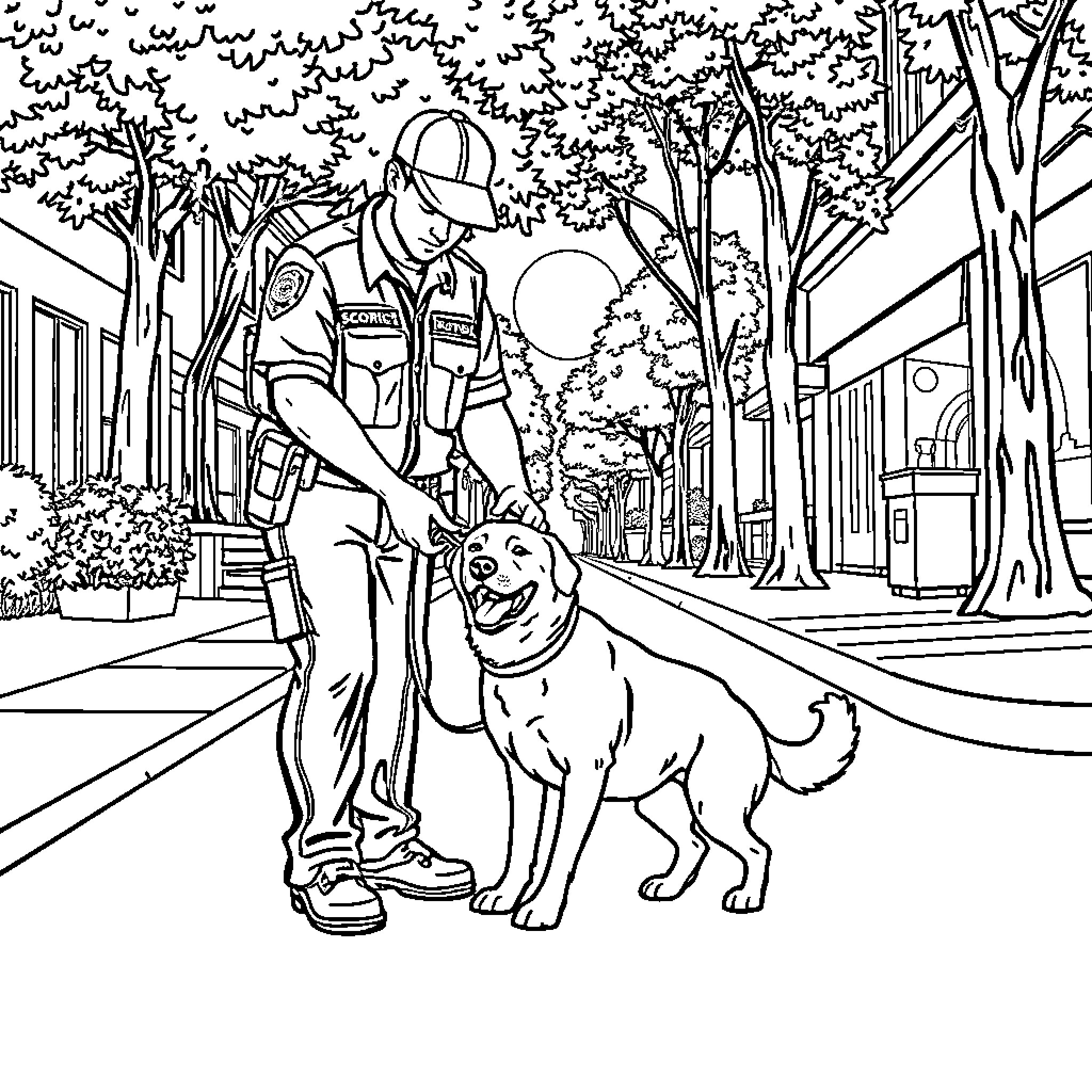 Dog assisting officer on street patrol Coloring Page (free black-and-white line drawing printable PDF for all, from beginners to advanced learners, including children, teens, adults, and seniors)
