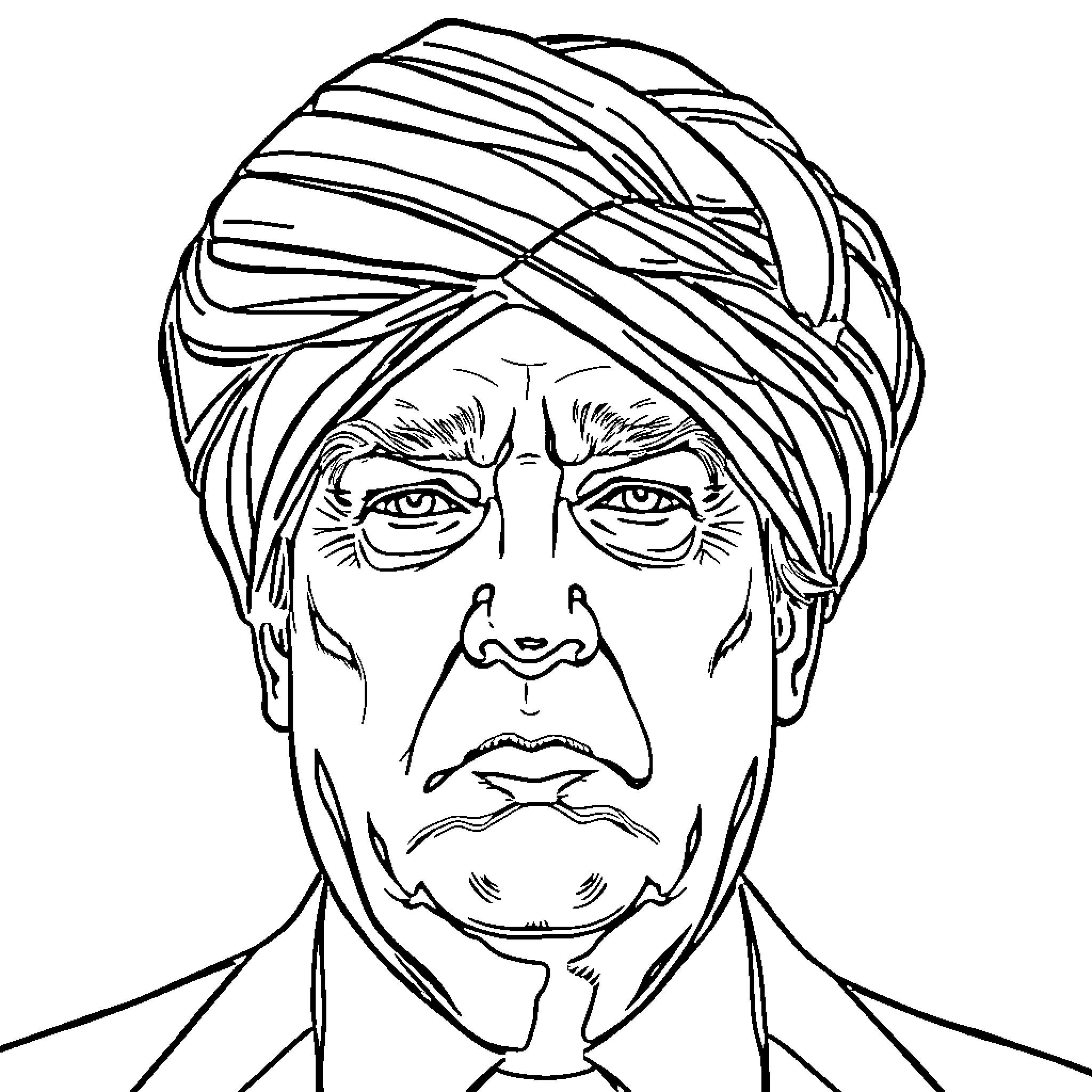 Donald Trump wearing a turban with serious expression Coloring Page (free black-and-white line drawing printable PDF for all, from beginners to advanced learners, including children, teens, adults, and seniors)
