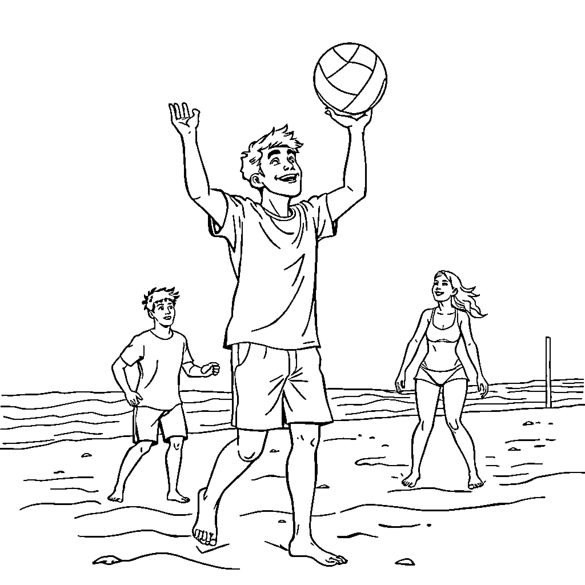 Programmer enjoying beach volleyball with friends Coloring Page (free black-and-white line drawing printable PDF for all, from beginners to advanced learners, including children, teens, adults, and seniors)