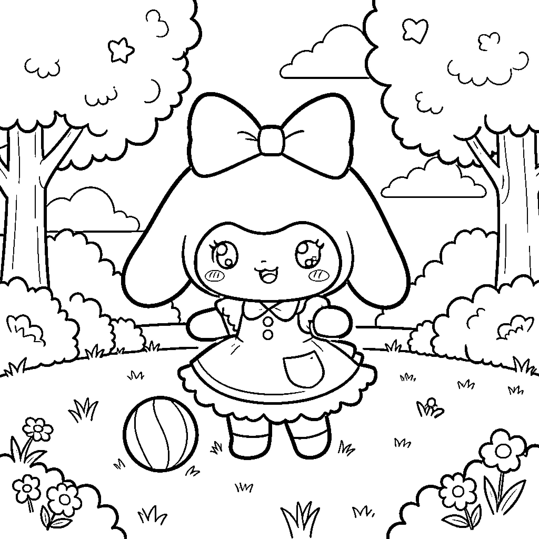 My Melody standing in a garden with a ball Coloring Page (free black-and-white line drawing printable PDF for all, from beginners to advanced learners, including children, teens, adults, and seniors)