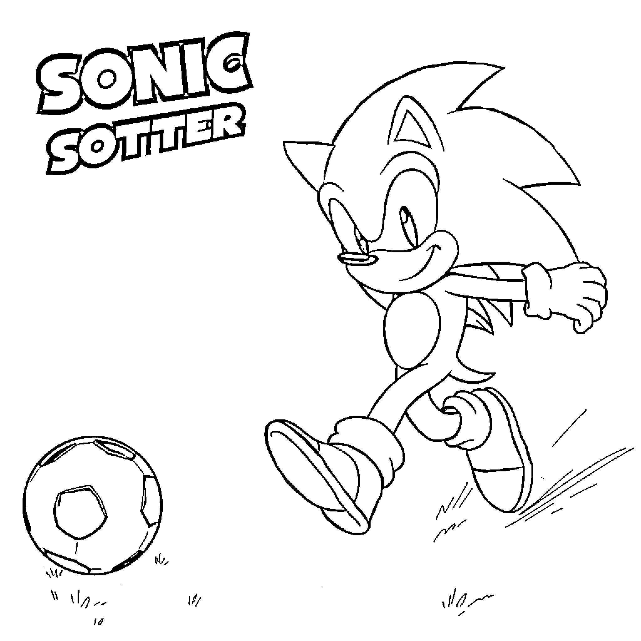 Sonic the Hedgehog sprinting and chasing a ball Coloring Page (free black-and-white line drawing printable PDF for all, from beginners to advanced learners, including children, teens, adults, and seniors)