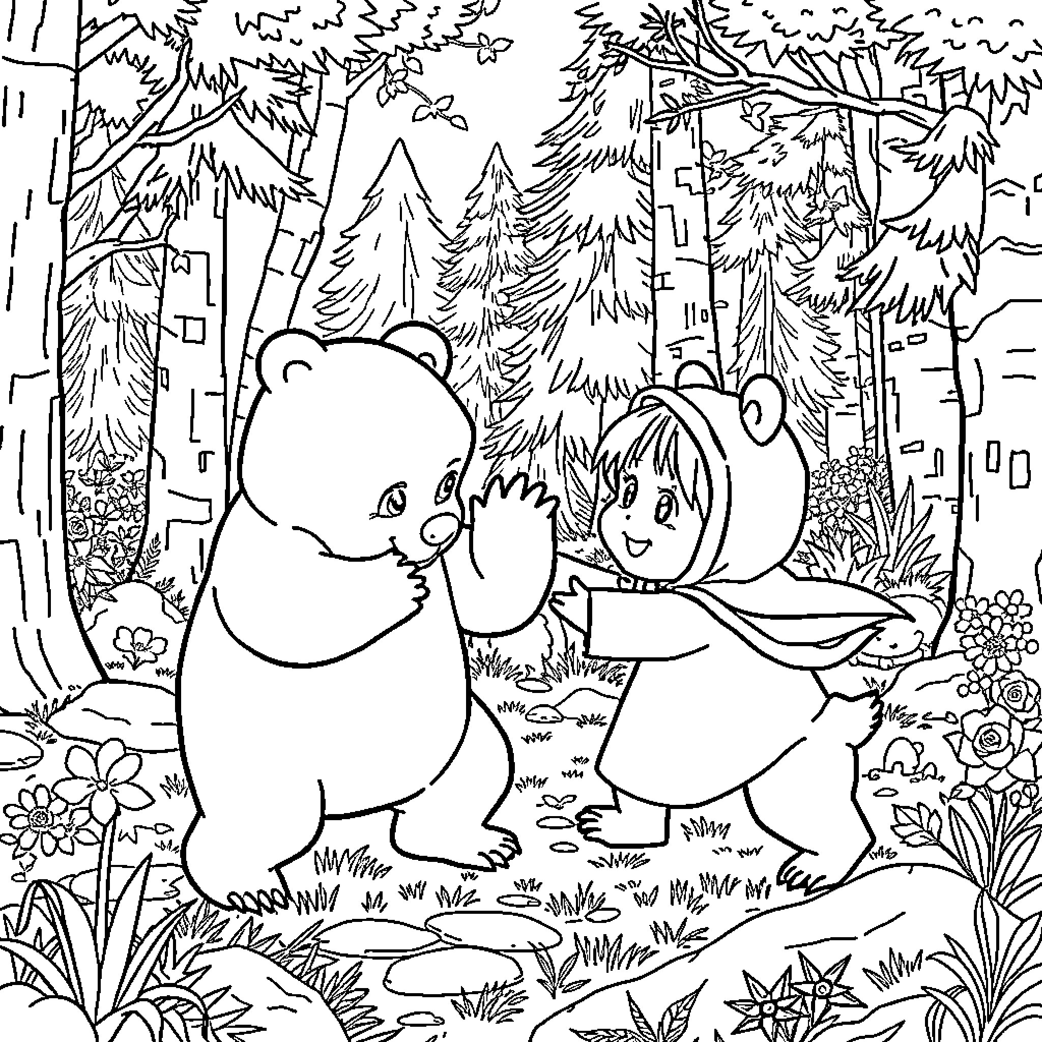 Masha and the Bear in a Woodland Wonderland Coloring Page (free black-and-white line drawing printable PDF for all, from beginners to advanced learners, including children, teens, adults, and seniors)