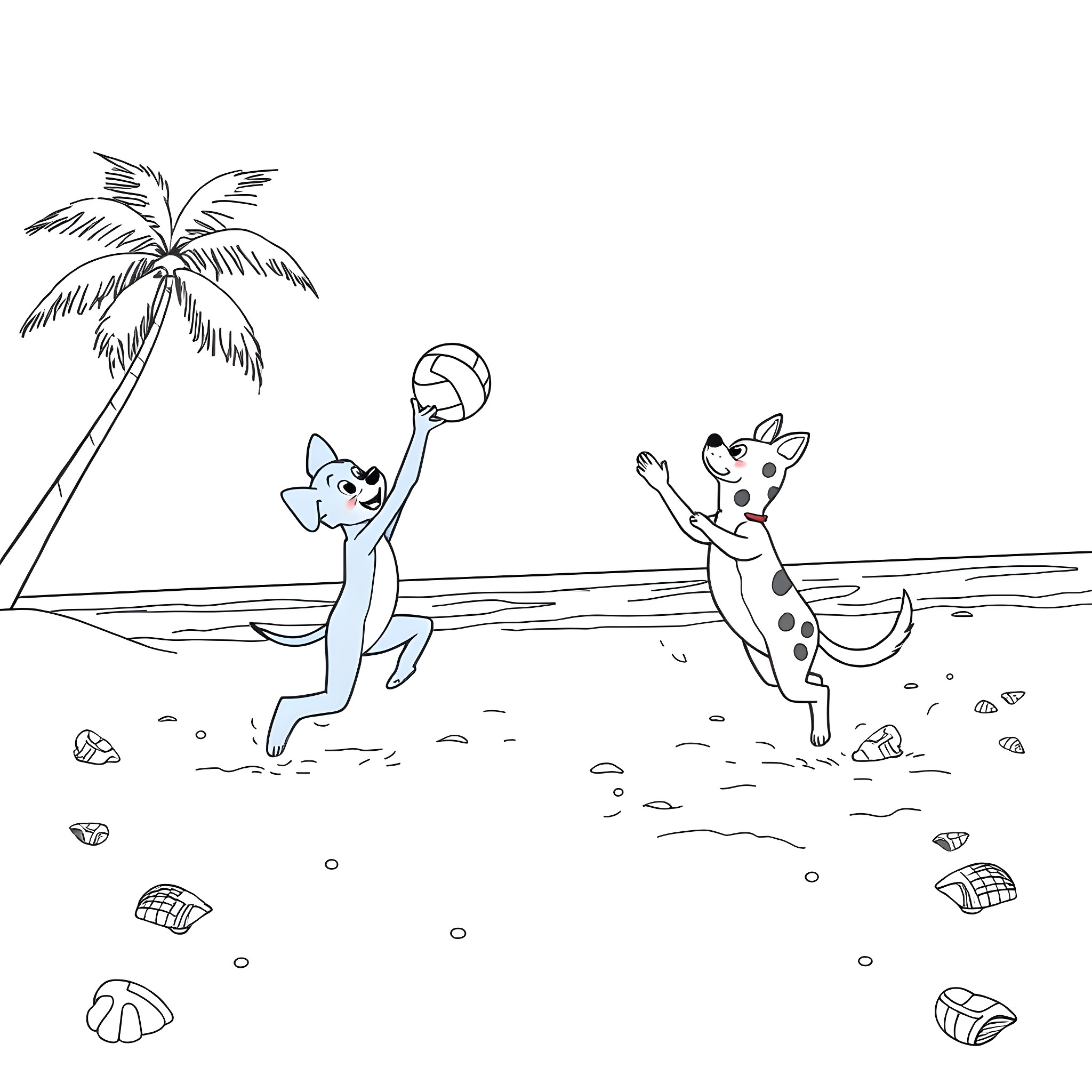 Bluey and friends playing beach volleyball Coloring Page (free black-and-white line drawing printable PDF for all, from beginners to advanced learners, including children, teens, adults, and seniors)