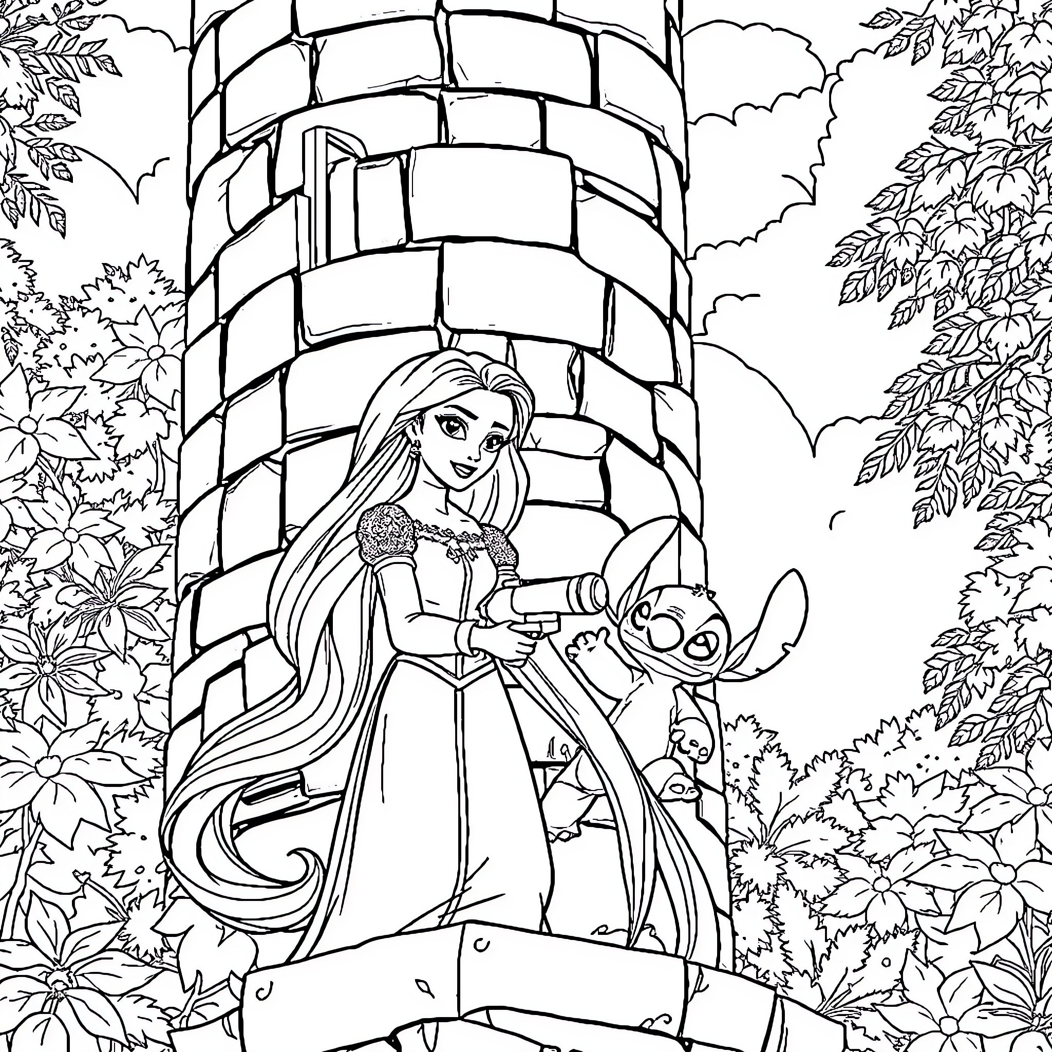 Rapunzel in her tower with curious companions Coloring Page (free black-and-white line drawing printable PDF for all, from beginners to advanced learners, including children, teens, adults, and seniors)