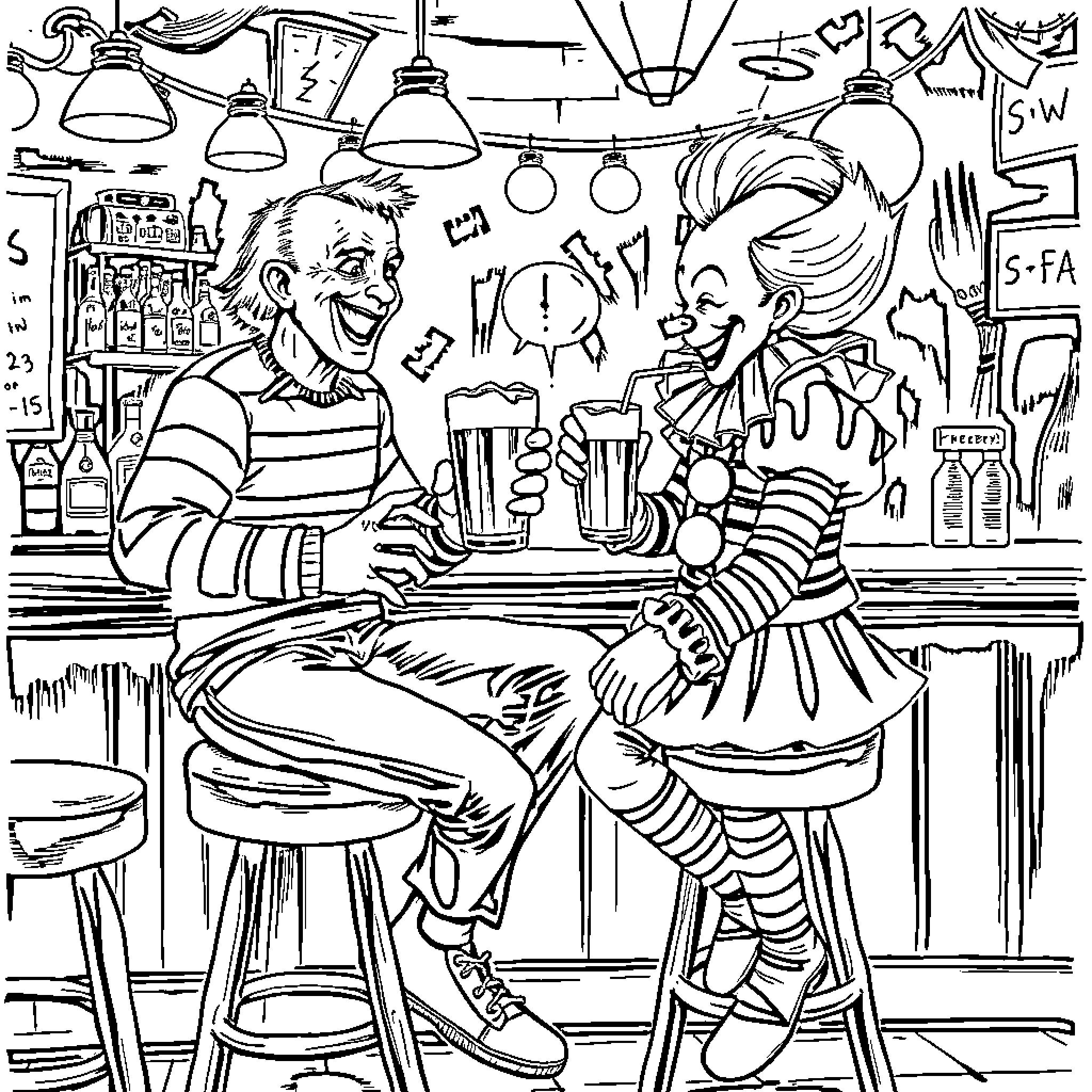 Freddy Krueger enjoying drinks with a cheerful friend at a bar Coloring Page (free black-and-white line drawing printable PDF for all, from beginners to advanced learners, including children, teens, adults, and seniors)