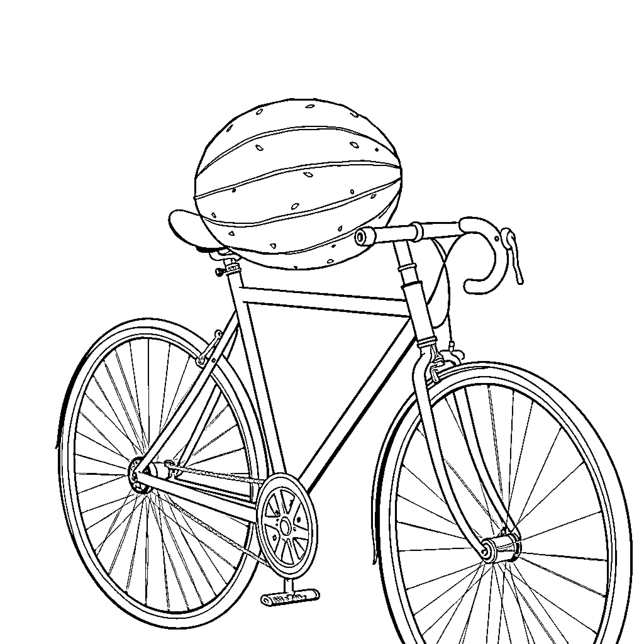Watermelon on the bicycle Coloring Page (free black-and-white line drawing printable PDF for all, from beginners to advanced learners, including children, teens, adults, and seniors)
