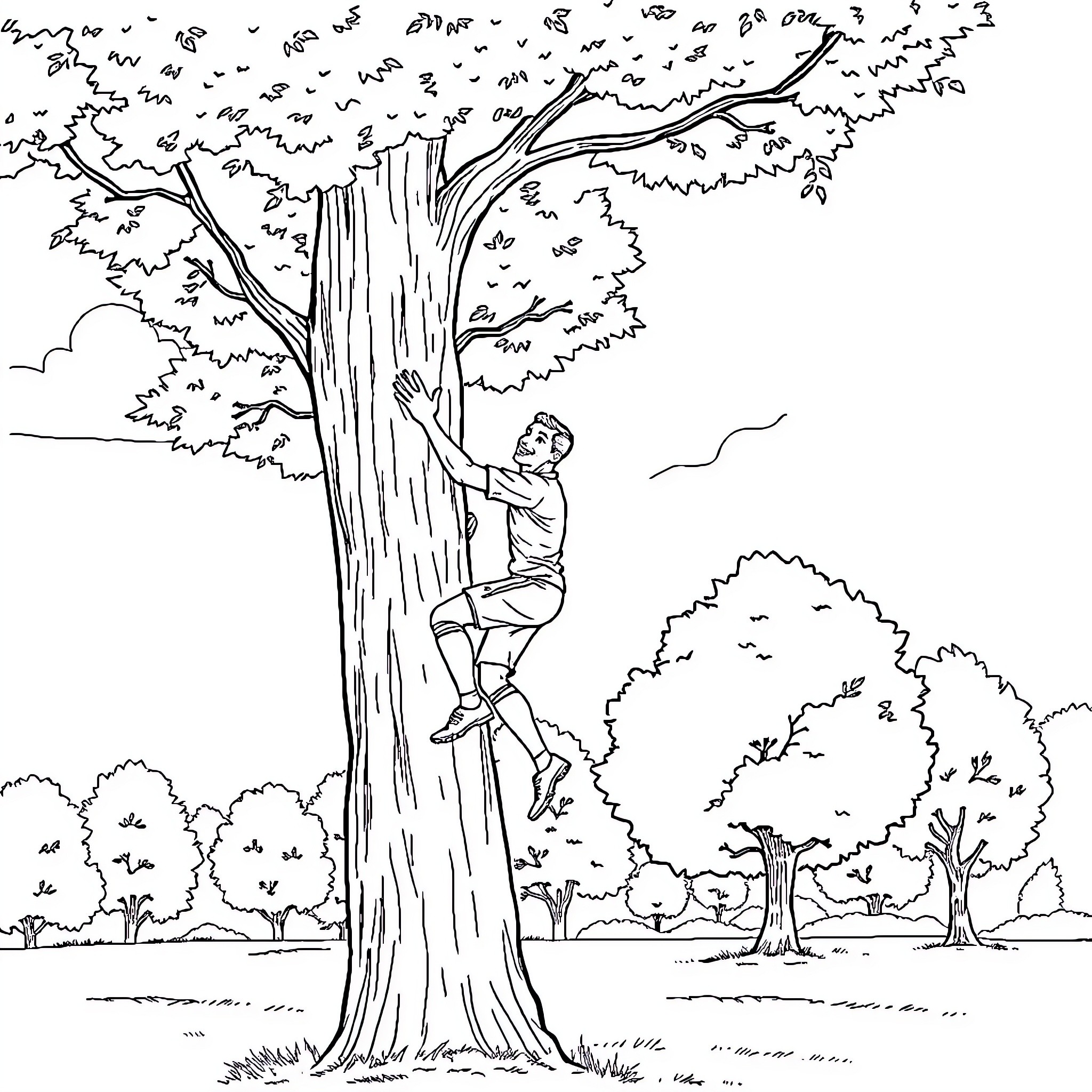 Ronaldo climbing a large tree in a lush forest Coloring Page (free black-and-white line drawing printable PDF for all, from beginners to advanced learners, including children, teens, adults, and seniors)