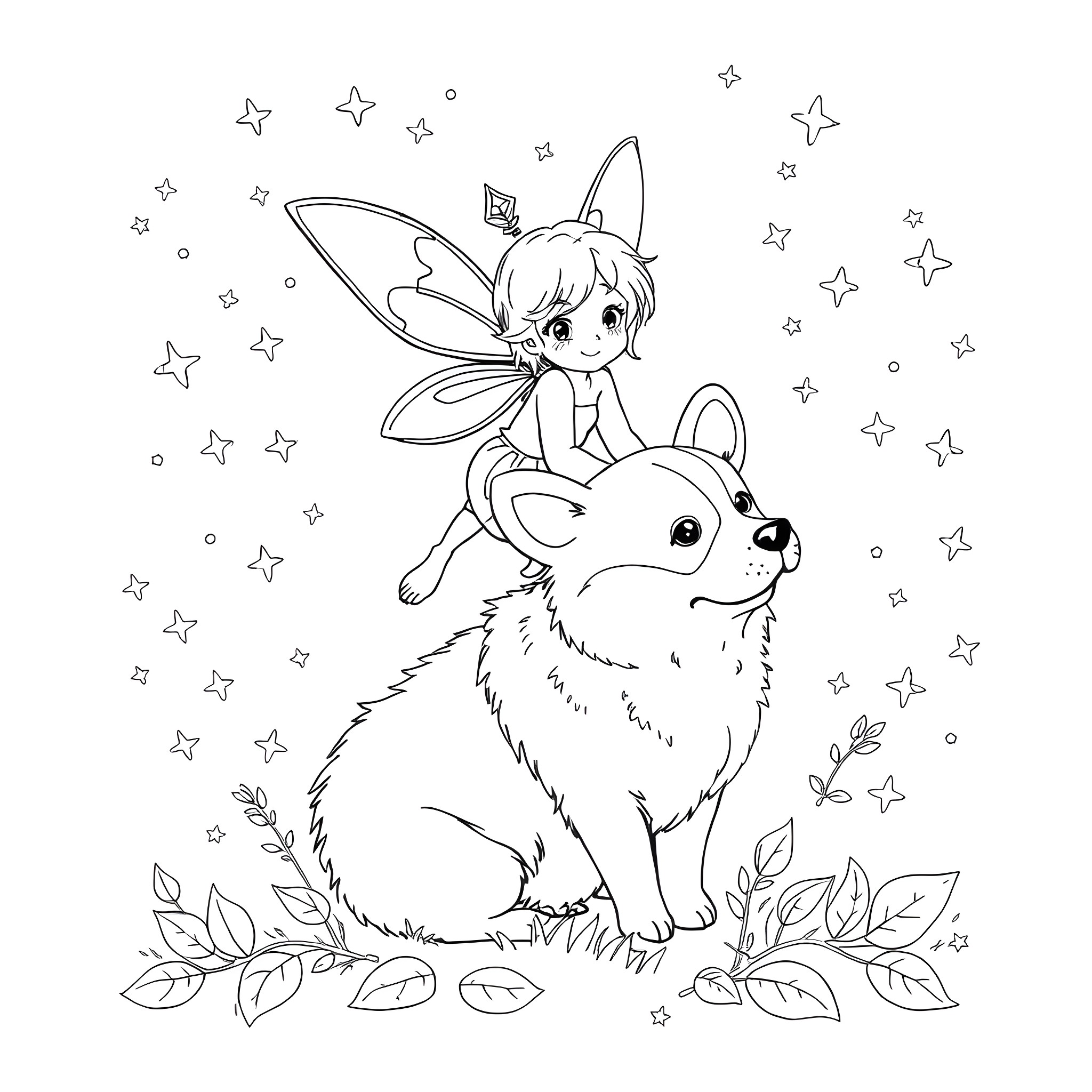 Fairy riding on a playful dog amidst twinkling stars Coloring Page (free black-and-white line drawing printable PDF for all, from beginners to advanced learners, including children, teens, adults, and seniors)