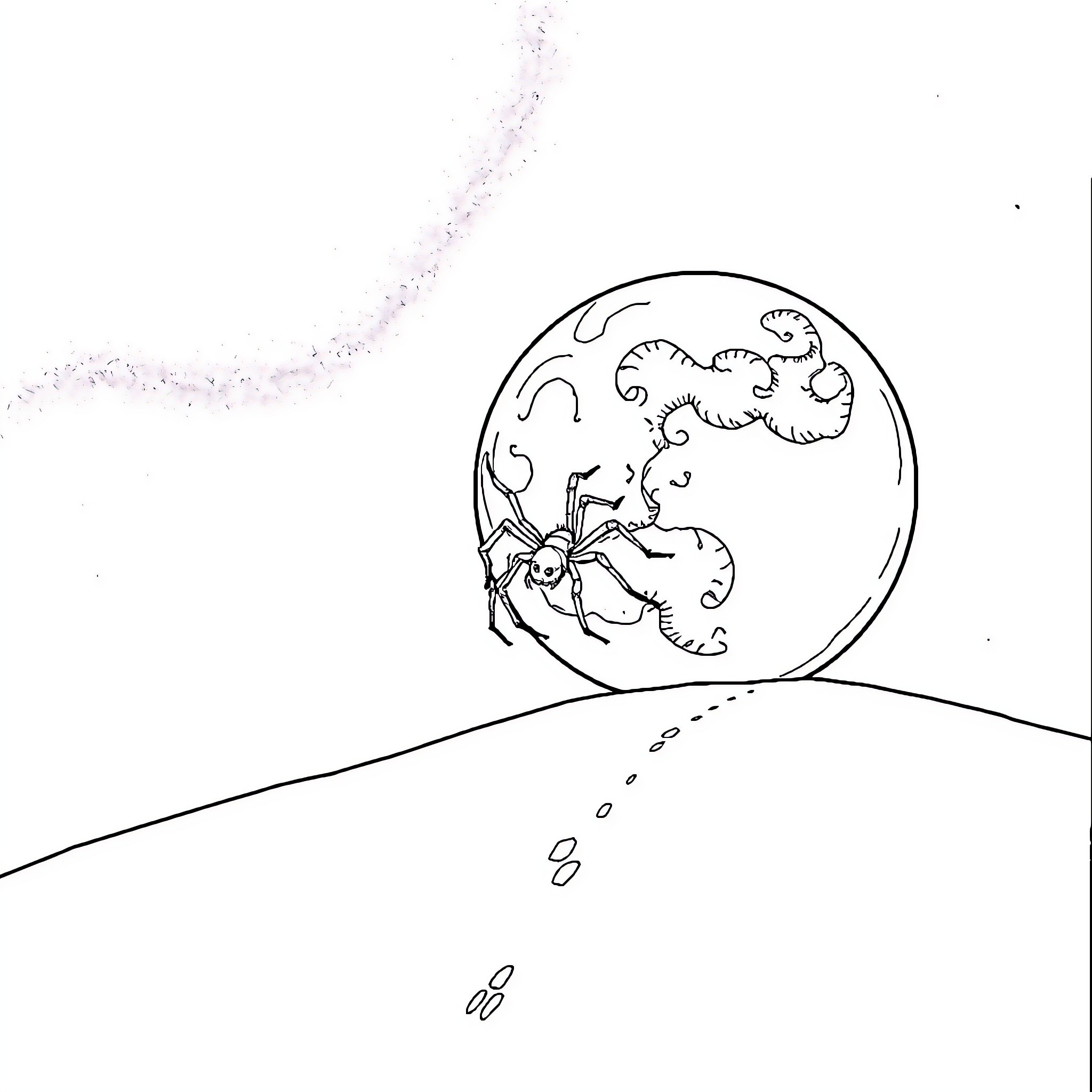 Spider exploring the moon's surface Coloring Page (free black-and-white line drawing printable PDF for all, from beginners to advanced learners, including children, teens, adults, and seniors)