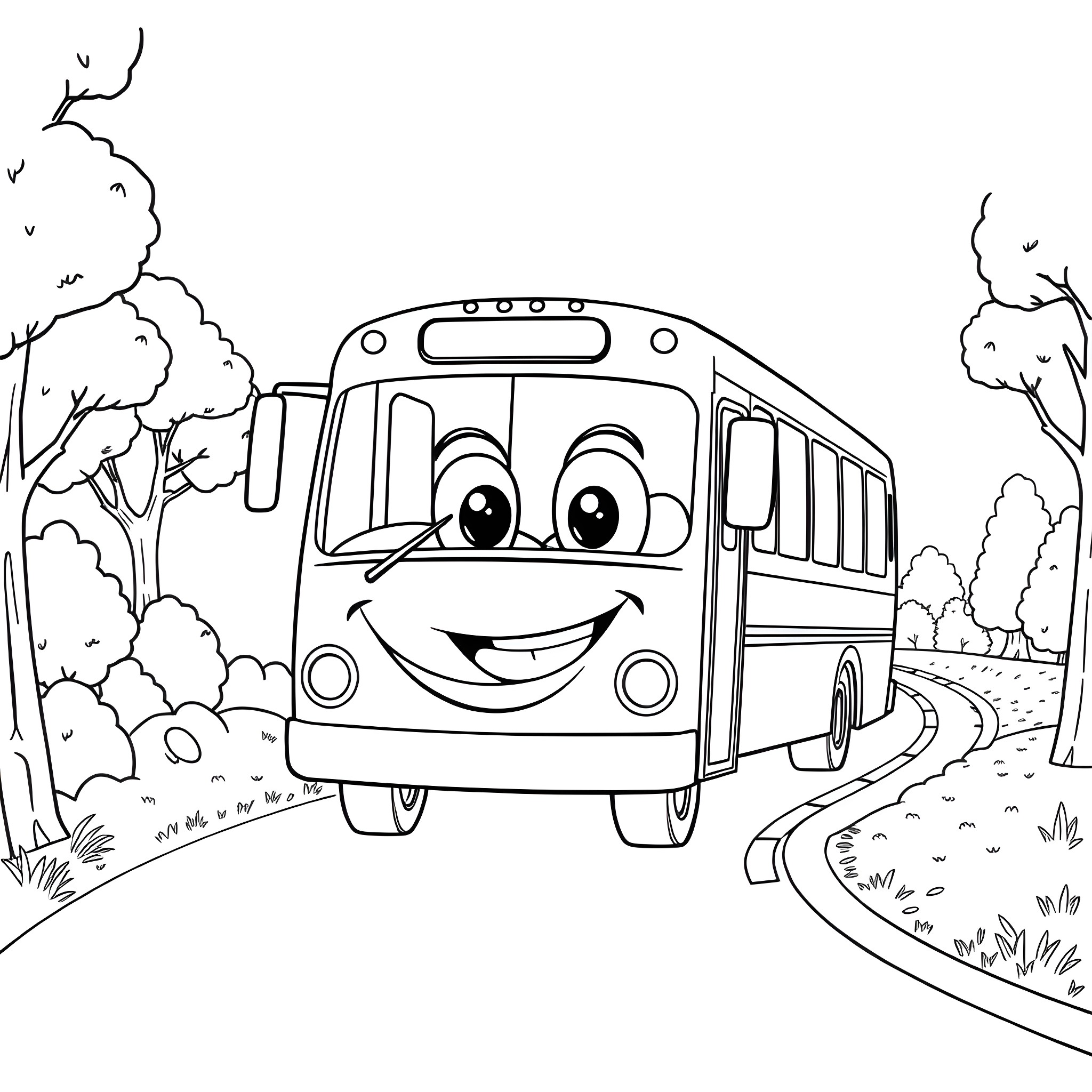 Bus driving happily through scenic countryside Coloring Page (free black-and-white line drawing printable PDF for all, from beginners to advanced learners, including children, teens, adults, and seniors)