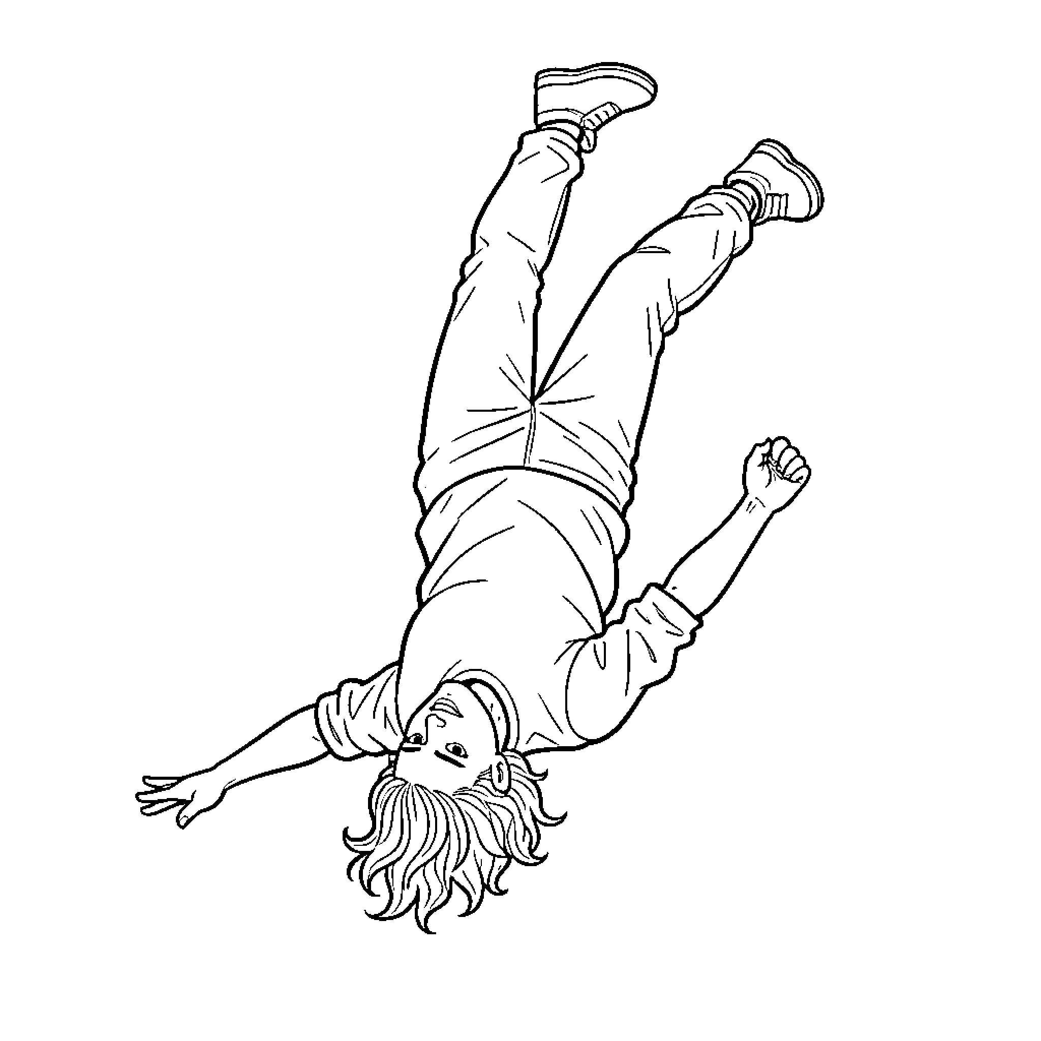 Persona falling in free fall with arms outstretched Coloring Page (free black-and-white line drawing printable PDF for all, from beginners to advanced learners, including children, teens, adults, and seniors)