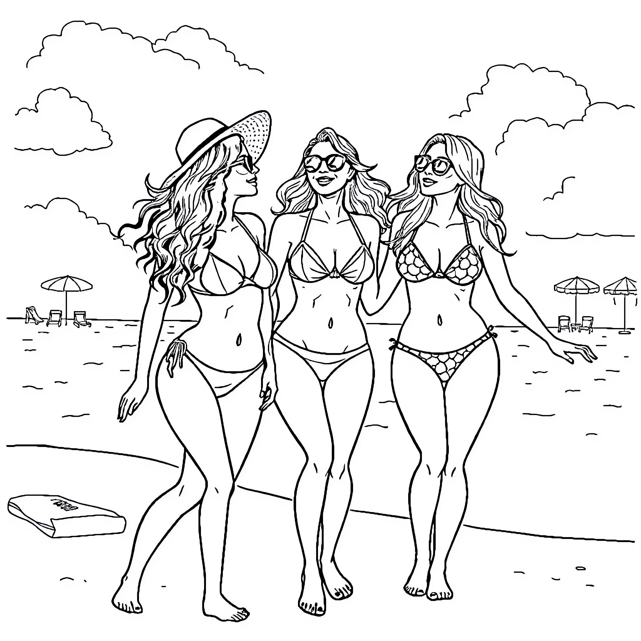 Women enjoying a beach day in bikinis Coloring Page (free black-and-white line drawing printable PDF for all, from beginners to advanced learners, including children, teens, adults, and seniors)