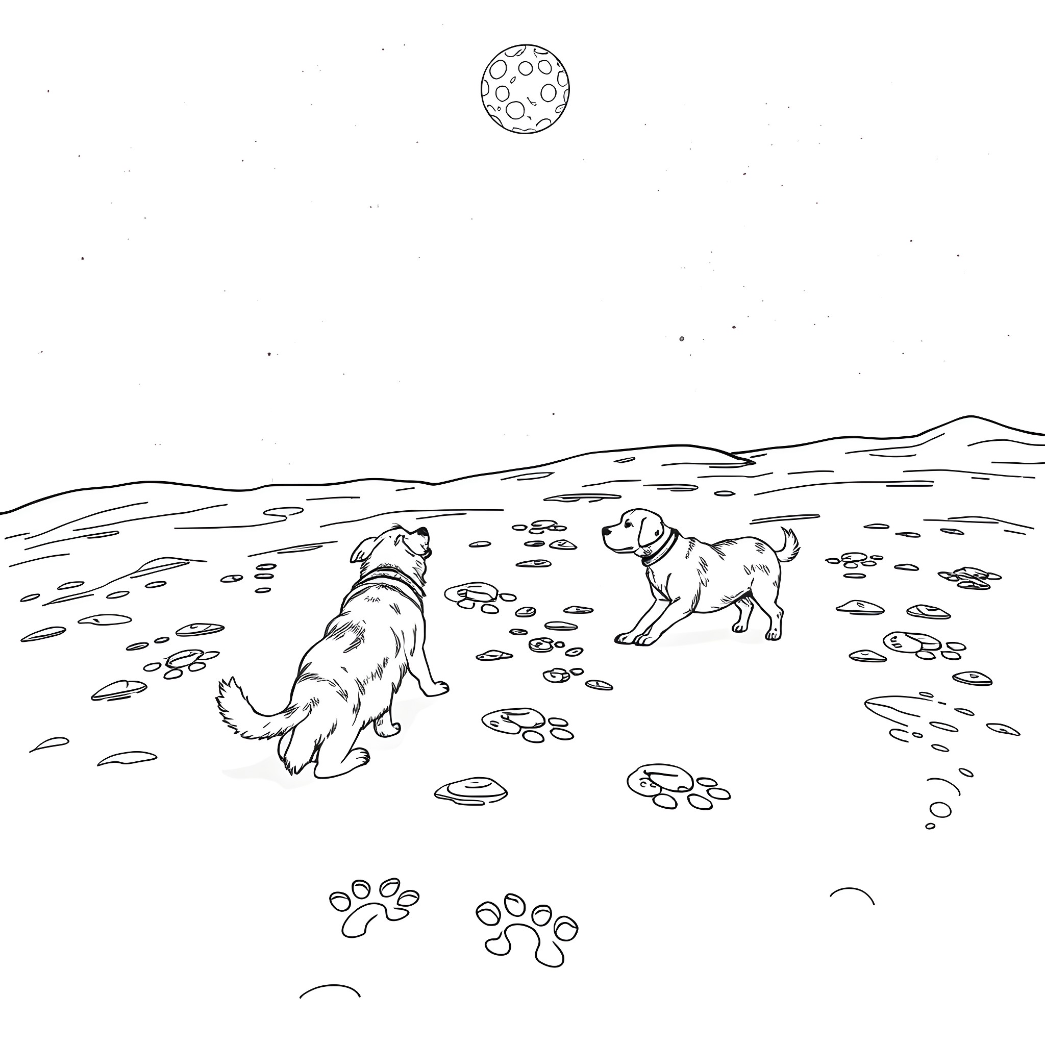 Dogs playing in the moonlit field Coloring Page (free black-and-white line drawing printable PDF for all, from beginners to advanced learners, including children, teens, adults, and seniors)
